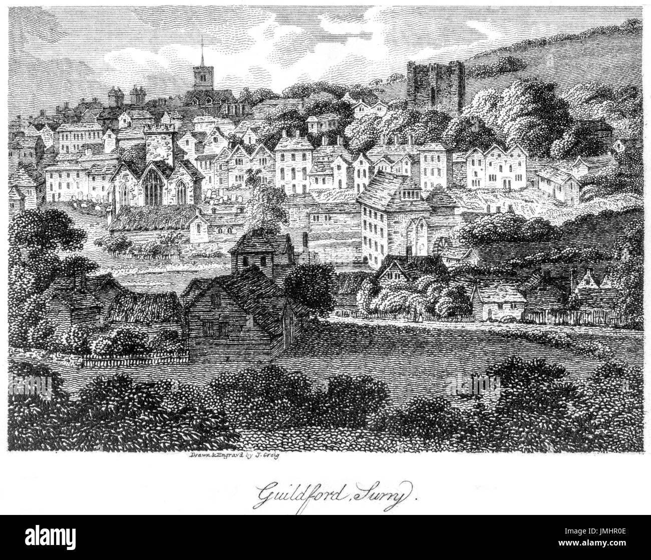 Eine Gravur der Guildford gescannt Surrey in hoher Auflösung aus einem Buch, gedruckt im Jahre 1808.  Kostenlos copyright geglaubt. Stockfoto