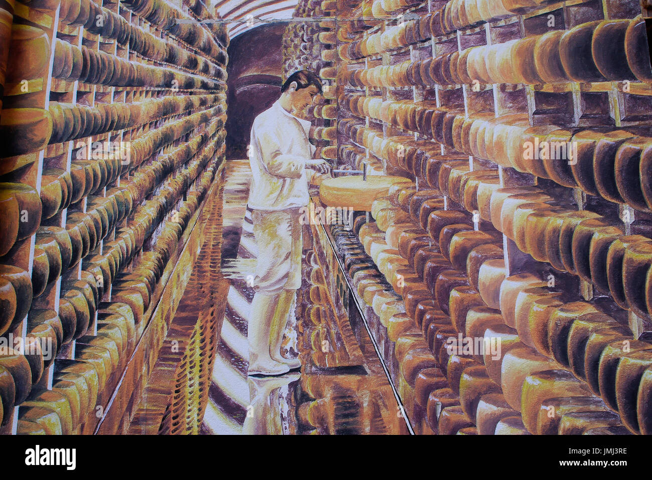 Werbung-Wandmalerei für Les Rousses Käse Keller, Doucier, Jura, Frankreich Stockfoto