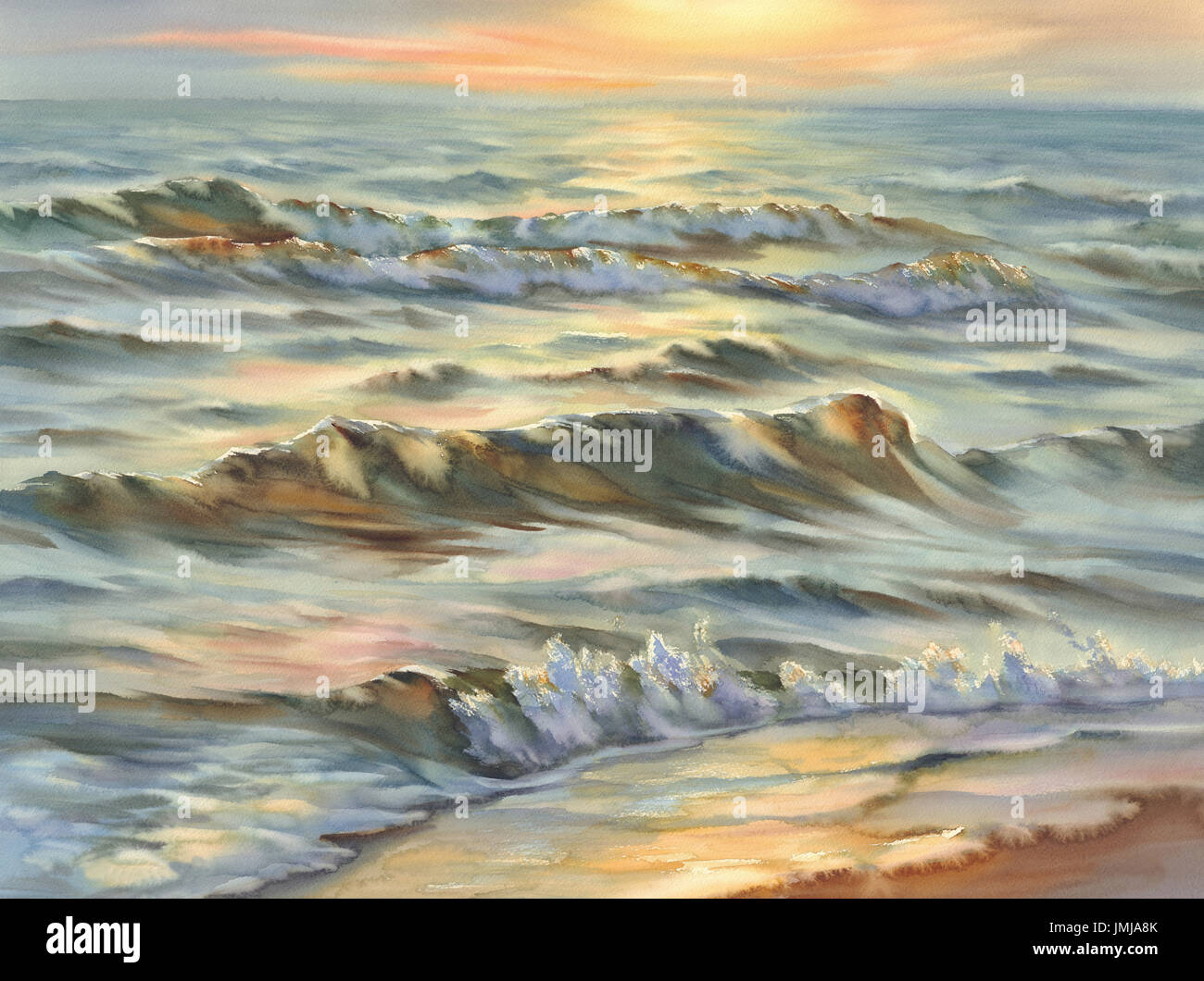 am Abend Seelandschaft mit Wellen sonnigen Aquarell Hintergrund Stockfoto