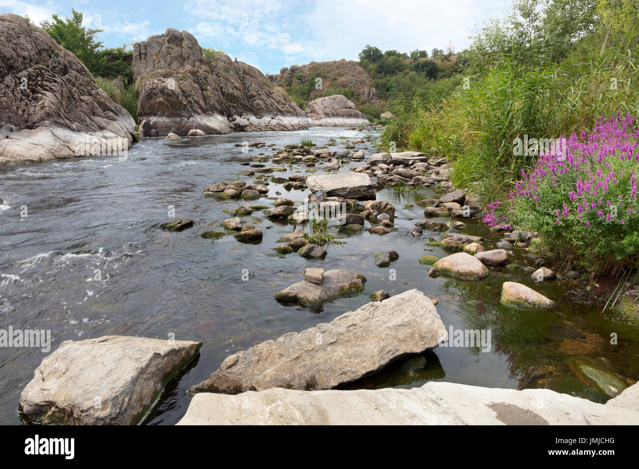 Granit und Basalt Felsformationen und leuchtend grüne Vegetation mit blühenden Sträuchern am Ufer des Flusses schnell Stockfoto