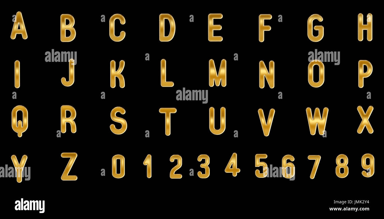 Gold Großbuchstaben und Ziffern auf schwarzem Hintergrund. 3D Illustration. Stockfoto