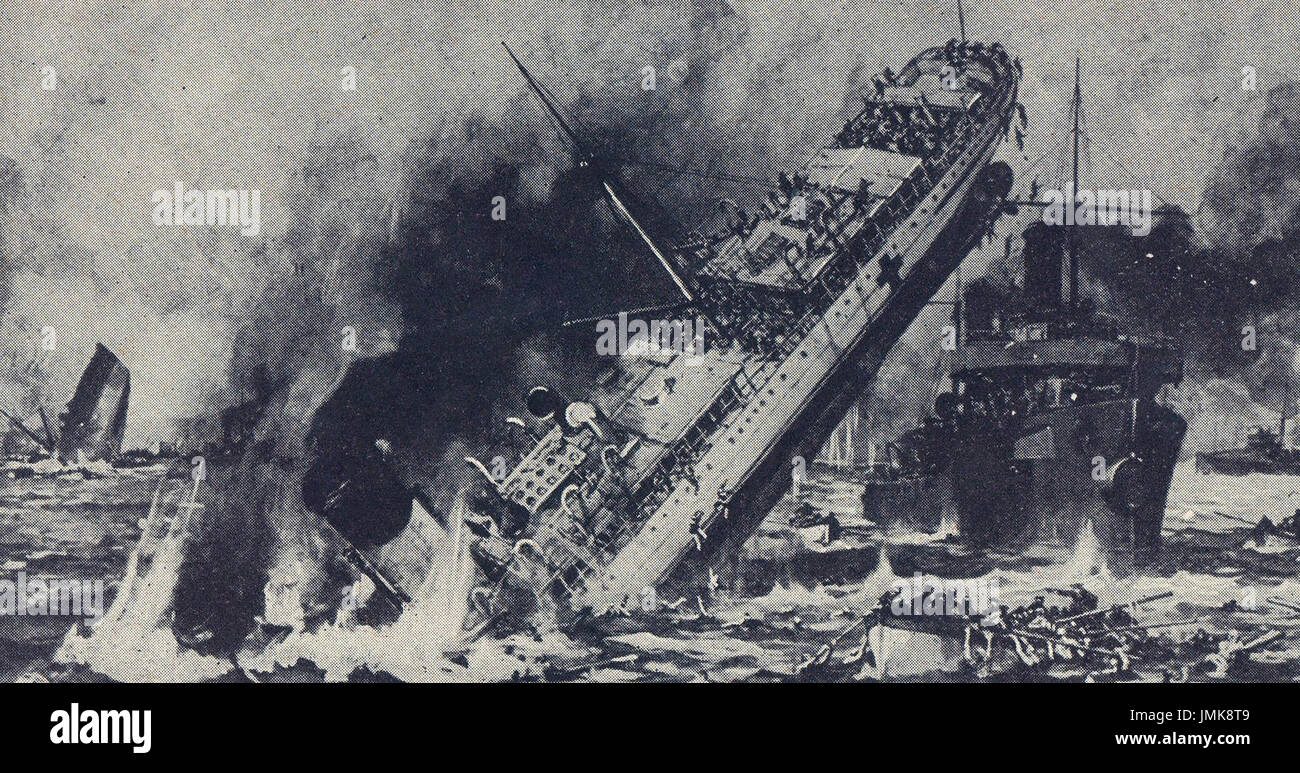 1915 - Untergang der Lazarettschiff HMHS Anglia nach der Kollision mit eines Feindes mir. Stockfoto