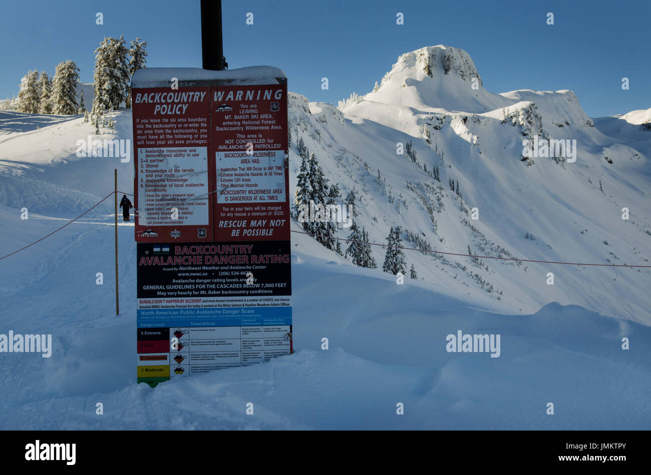 Backcountry-Warnschild Skigebiet Mount Baker Stockfoto