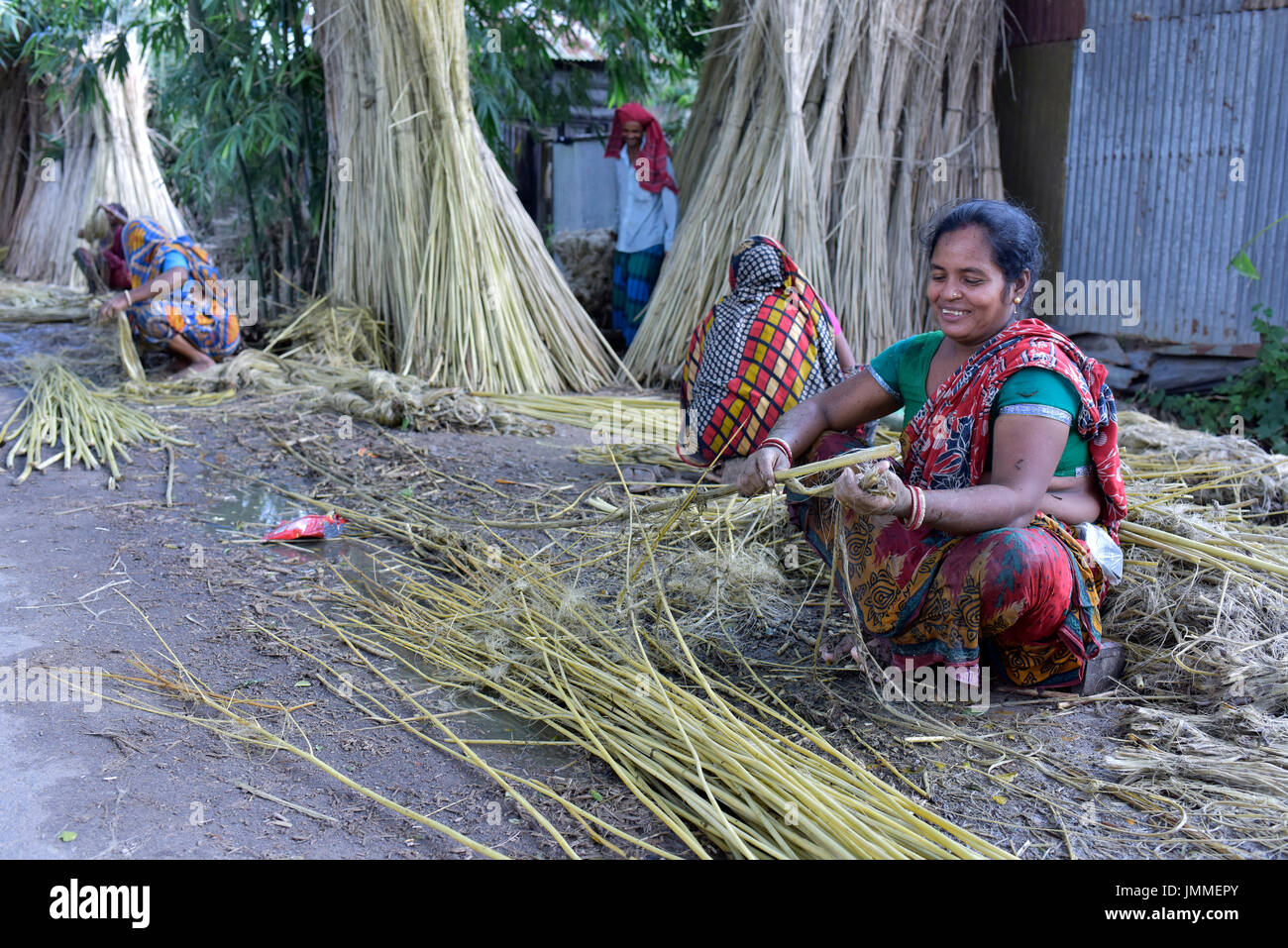 Dhaka, Bangladesch. 28. Juli 2017.  Eine Frau aus Bangladesch sammelt Faser aus Jute Pflanzen in Munshiganj, in der Nähe von Dhaka, Bangladesh. Bangladesh produziert die feinste Qualität natürliche Jute Faser. Bangladesch-Jute-Produkt-Hersteller oder Exporteur hat einen zusätzlichen Vorteil in der Herstellung Bestnote Jute Produkte mit bester Qualität Naturfaser. Bildnachweis: SK Hasan Ali/Alamy Live-Nachrichten Stockfoto