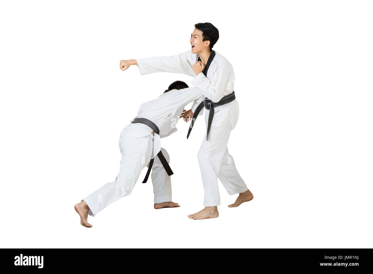 Porträt von zwei asiatischen Taekwondo professionell mit schwarzen Gürtel  kämpfen. Isolierte voller Länge auf weißem Hintergrund mit textfreiraum und  Clipping-Pfad Stockfotografie - Alamy