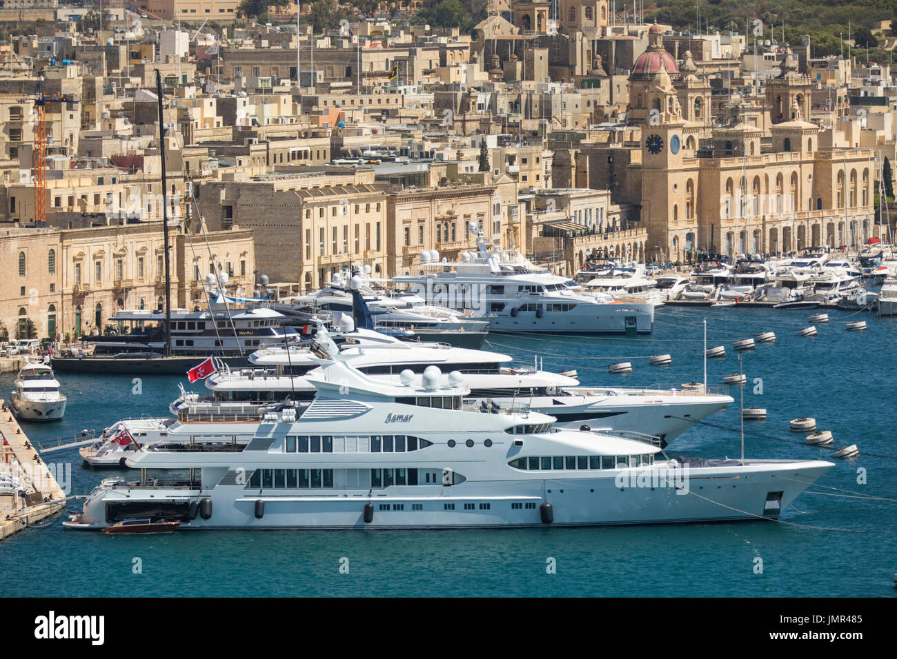 Malta, Valletta, 3-Städte, Grand Harbour, Yachten im Hafen von Birgu, Stockfoto