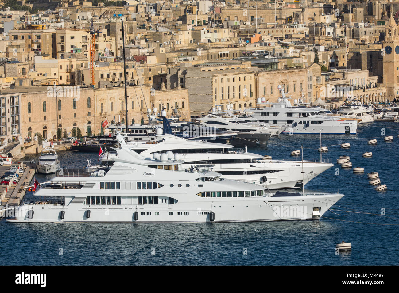 Malta, Valletta, 3-Städte, Grand Harbour, Yachten im Hafen von Birgu, Stockfoto