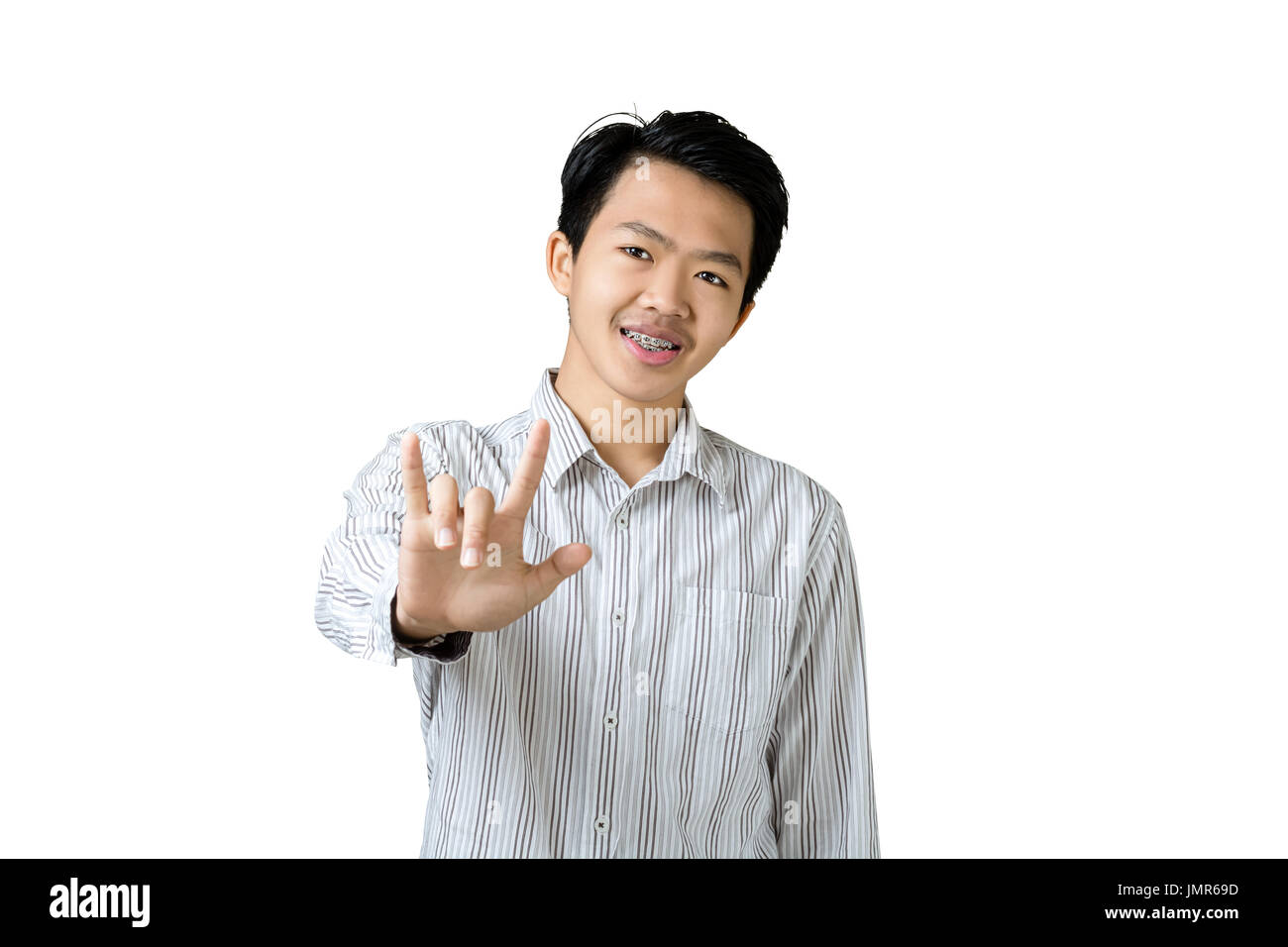 Porträt eines jungen asiatischen Geschäftsmann zeigen, ich liebe dich Handzeichen. Isoliert auf weißem Hintergrund mit textfreiraum und Clipping-Pfad Stockfoto