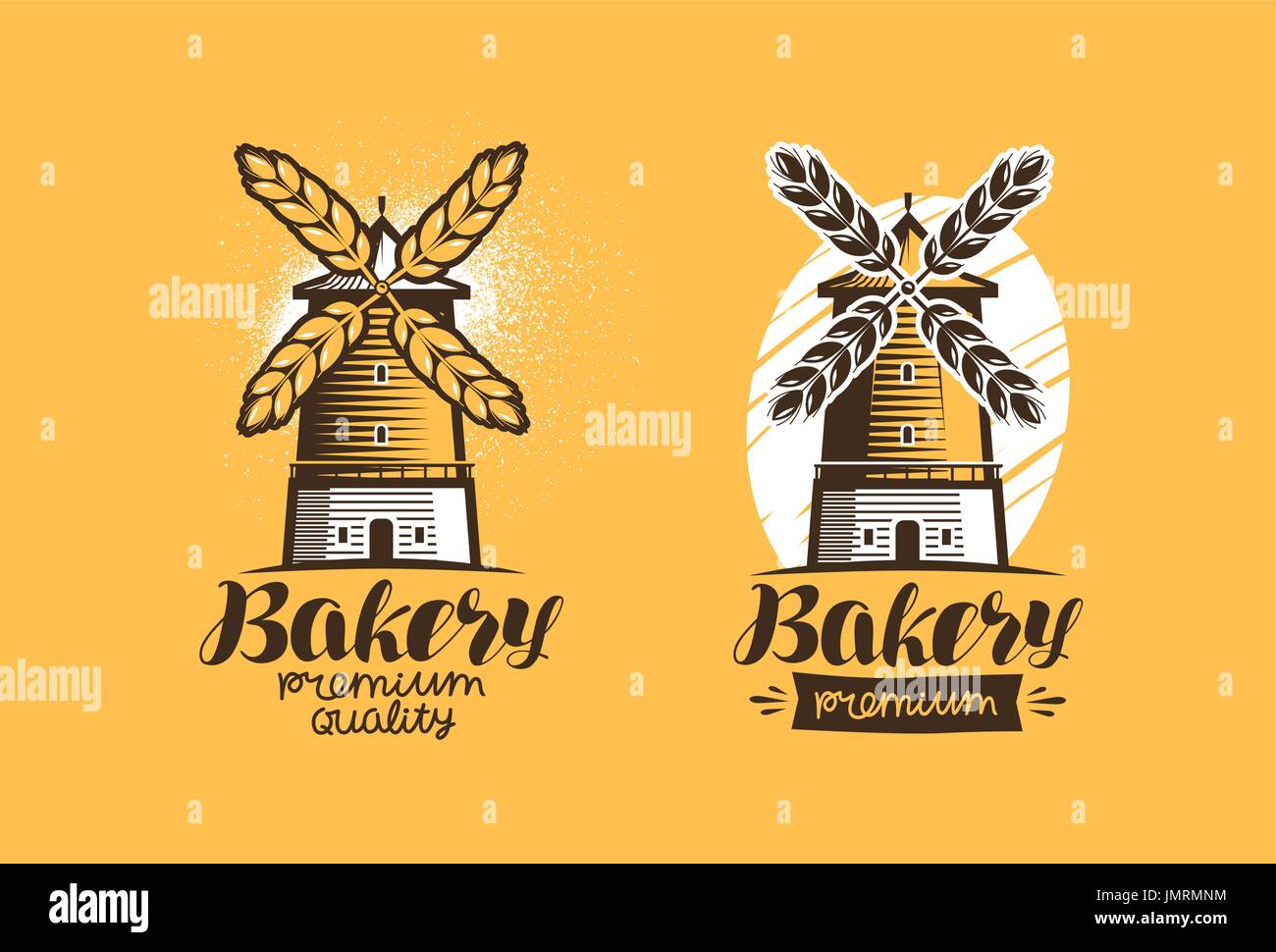 Bäckerei, Brot, Gebäck-Logo oder Label. Mühle, Mühle-Symbol. Schriftzug-Vektor-illustration Stock Vektor