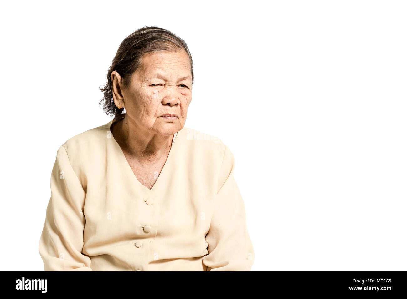 Portrait einer älteren Frau mit Vintage Kostüm. Isoliert auf weißem Hintergrund mit textfreiraum und Clipping-Pfad Stockfoto