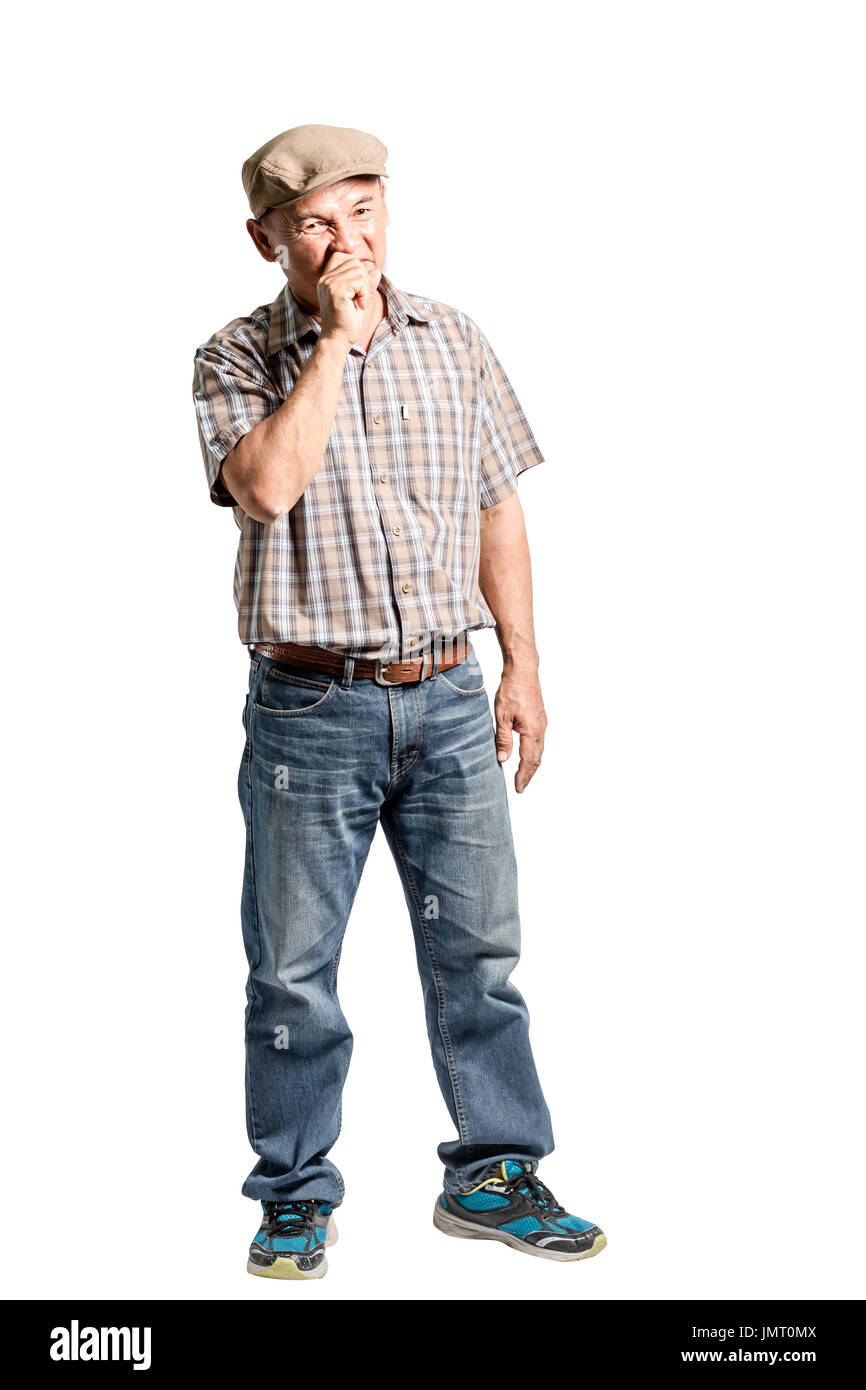 Porträt eines reifen Mannes ist smelly. Isolierte voller Länge auf weißem Hintergrund mit Beschneidungspfad Stockfoto