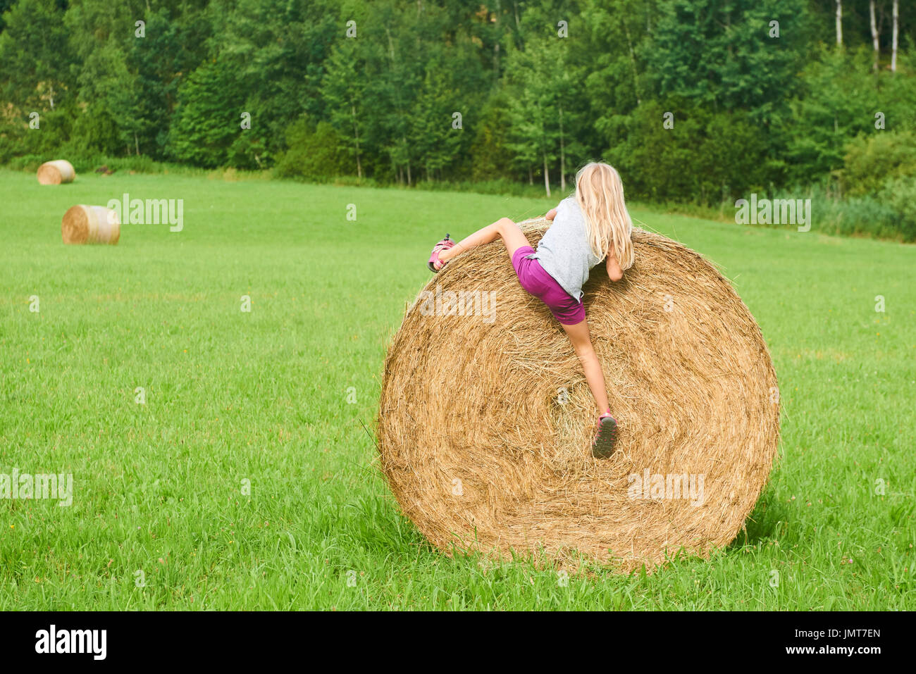 Kind blondes Mädchen von Stroh Heu Ballen in das Feld ein. Kinder Aktivitäten im Sommer Stockfoto