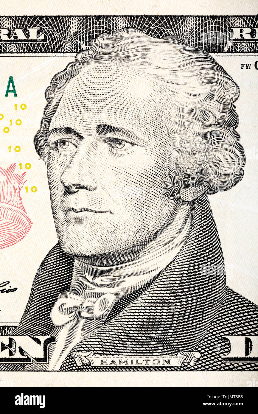 Alexander Hamilton Porträt von zehn Dollar Bill Nahaufnahme. Stockfoto Alexander Hamilton Porträt von zehn Dollar Bill Nahaufnahme. Stockfoto