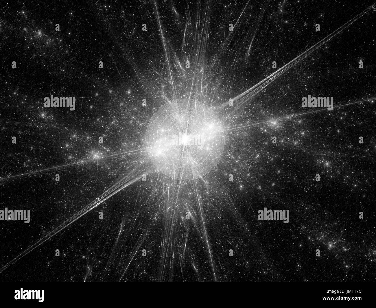 Urknall im Weltraum, schwarze und weiße Textur, Computer generierte Fraktale Hintergrund, 3D-Rendering Stockfoto
