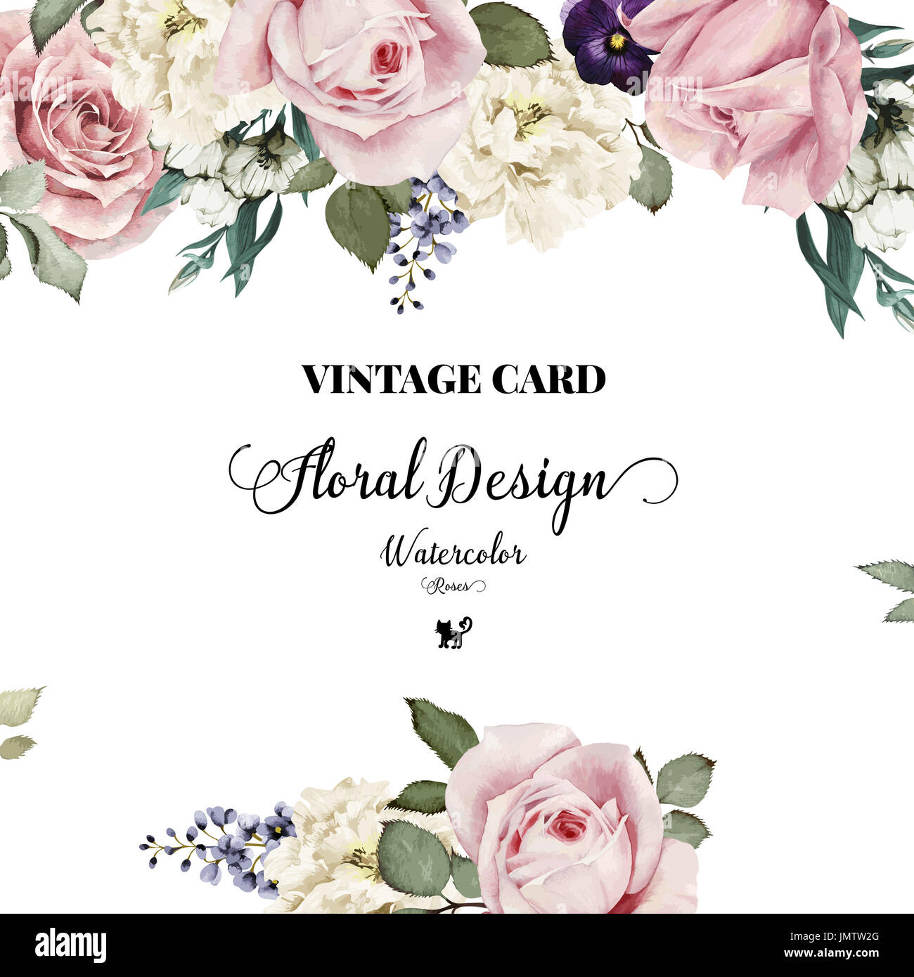 Grusskarte mit Rosen, Aquarell, kann als Einladungskarte für Hochzeit, Geburtstag und andere Urlaub und Sommer Hintergrund verwendet werden. Vektor-illustrati Stockfoto