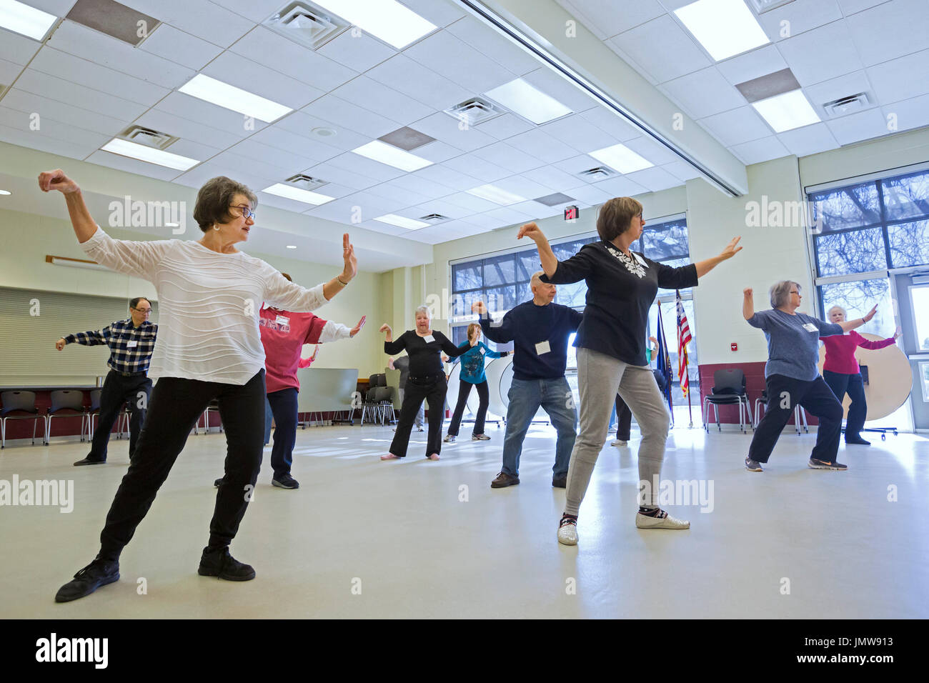 Kochsalzlösung, Michigan - pensionierte Lehrerin Diane Evans (links) lehrt Tai Chi für Senioren im Bereich Senior Center Kochsalzlösung. Stockfoto