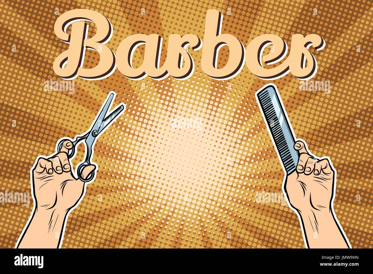 Barber Shop Hintergrund, die Hände mit Schere und Kamm Stock Vektor