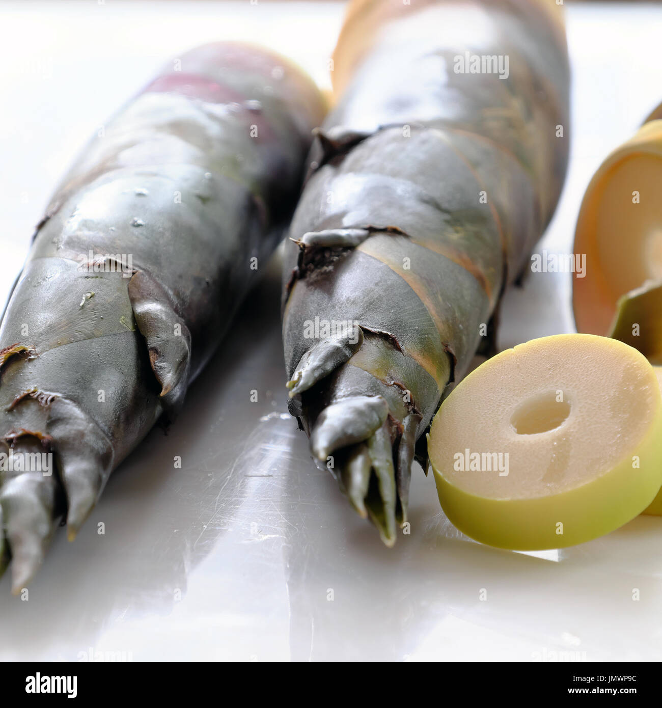 Nahaufnahme von zwei Bambussprossen auf Sackleinen Hintergrund, beliebtes Vietnam Gemüse in der Regenzeit Stockfoto