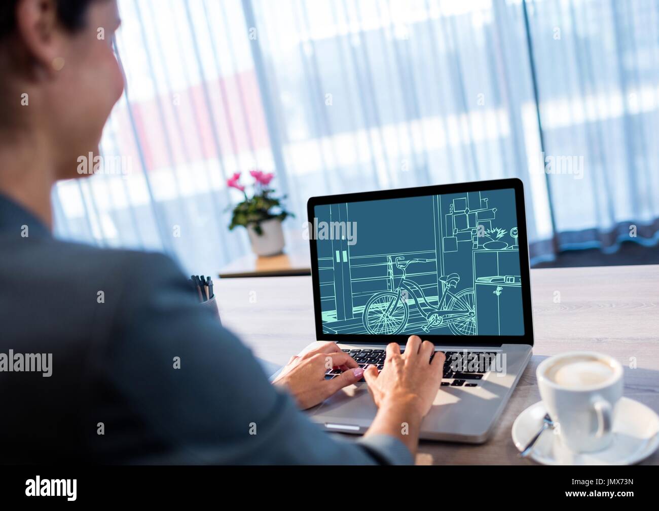 Digital Composite Büro Linien (zweifarbig: dunkle und helle blau) auf einem Laptop. Stockfoto