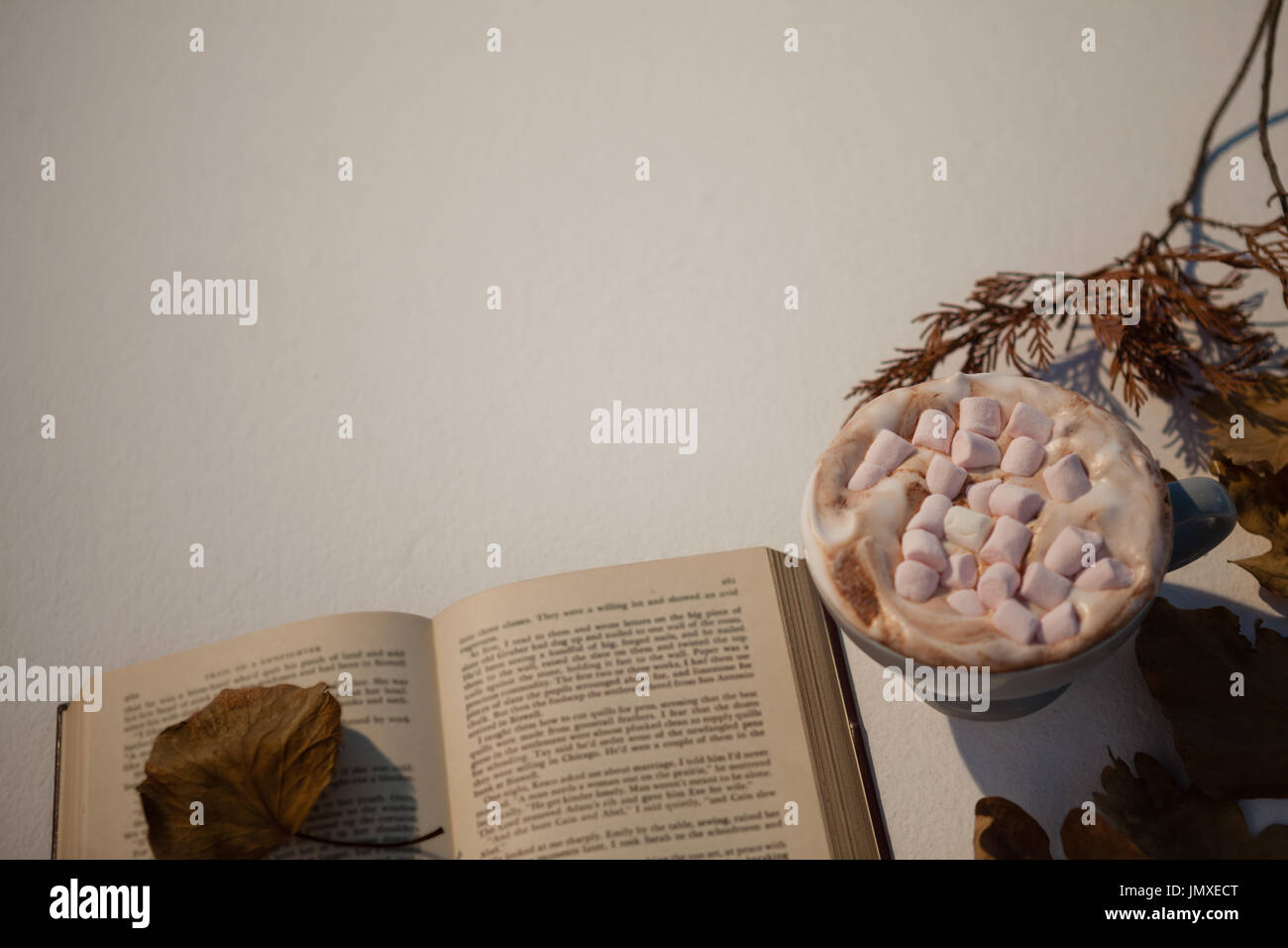Tasse Cappuccino mit offenen Buch auf weißem Hintergrund Stockfoto