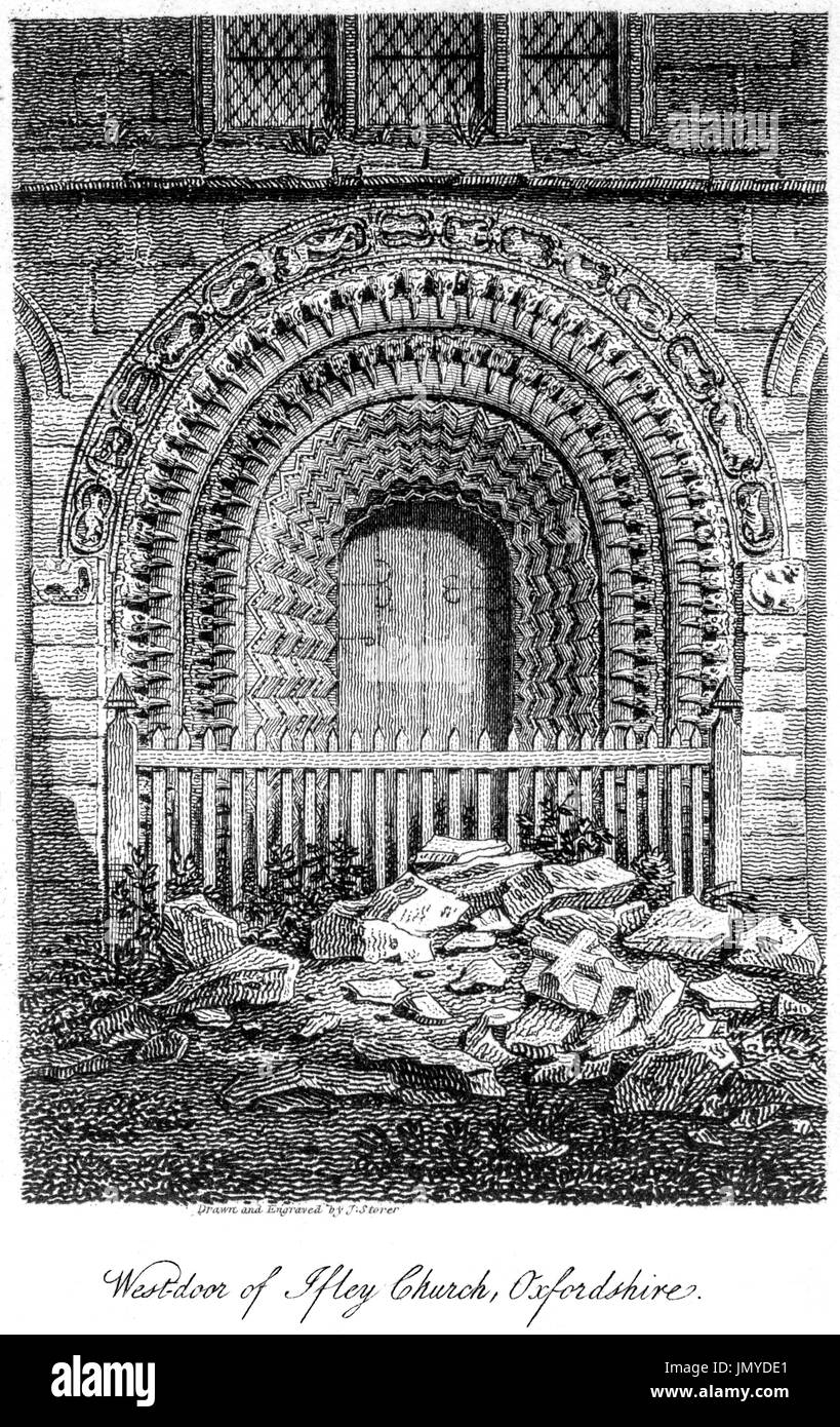 Eine Gravur der westlichen Tür des Ifley (Iffley) Kirche, gescannt Oxfordshire in hoher Auflösung aus einem Buch, gedruckt im Jahre 1808. Kostenlos copyright geglaubt. Stockfoto