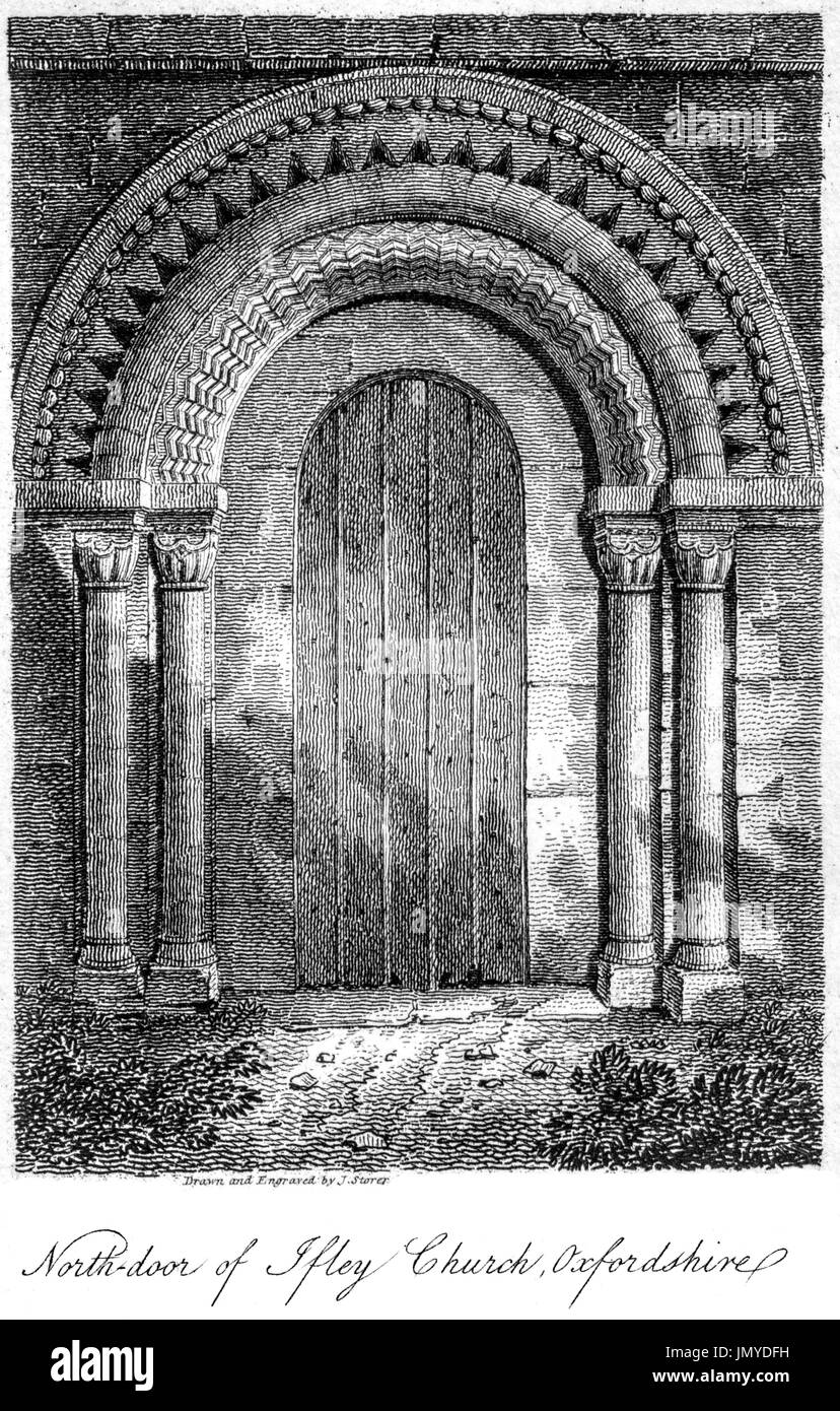 Eine Gravur der nördlichen Tür des Ifley (Iffley) Kirche, gescannt Oxfordshire in hoher Auflösung aus einem Buch, gedruckt im Jahre 1808. Kostenlos copyright geglaubt. Stockfoto