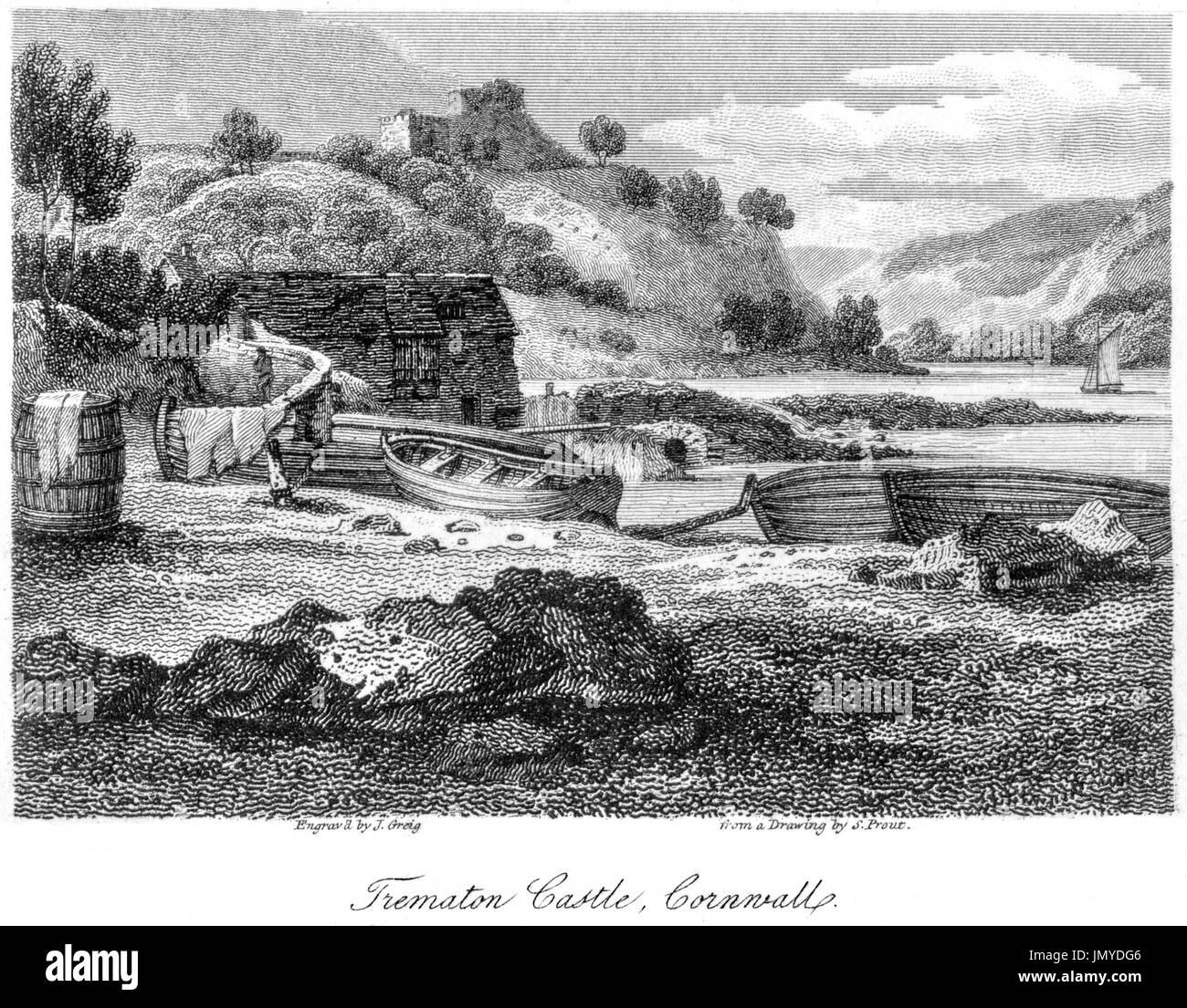 Eine Gravur der Trematon Burg, Cornwall mit hoher Auflösung aus einem Buch gescannt gedruckt im Jahre 1808.  Kostenlos copyright geglaubt. Stockfoto