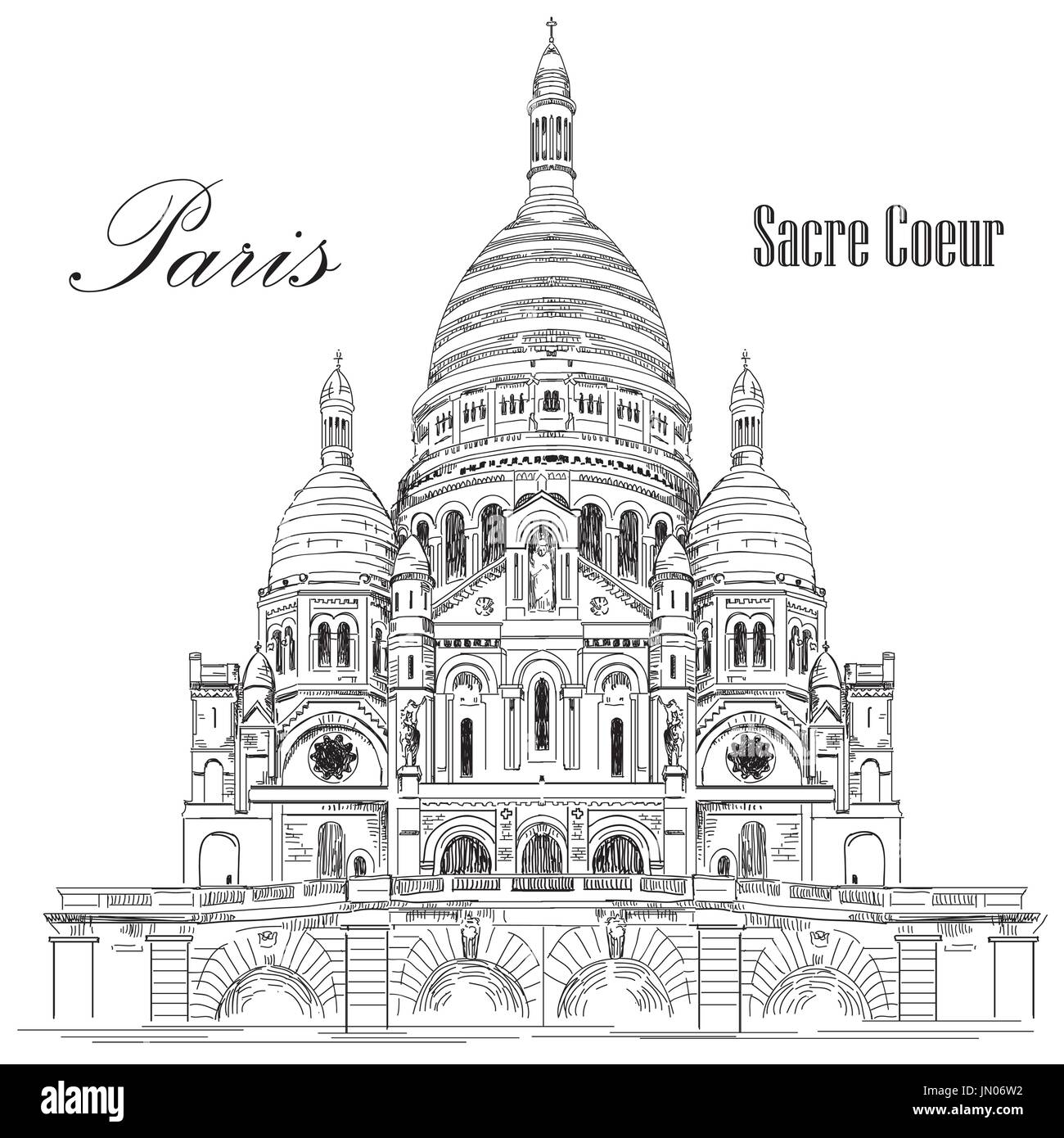 Heiligen Basilika Sacre Coeur in Paris, Frankreich-Vektor hand Zeichnung Illustration in schwarzer Farbe auf weißem Hintergrund isoliert Stock Vektor