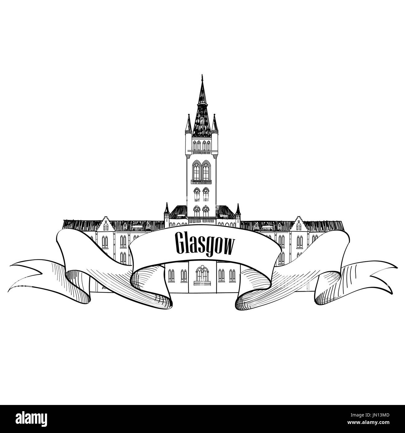 Reisen Schottland unterzeichnen. Glasgow University, UK. Englische Stadt berühmten Gebäude. Vektor label isoliert. Stockfoto