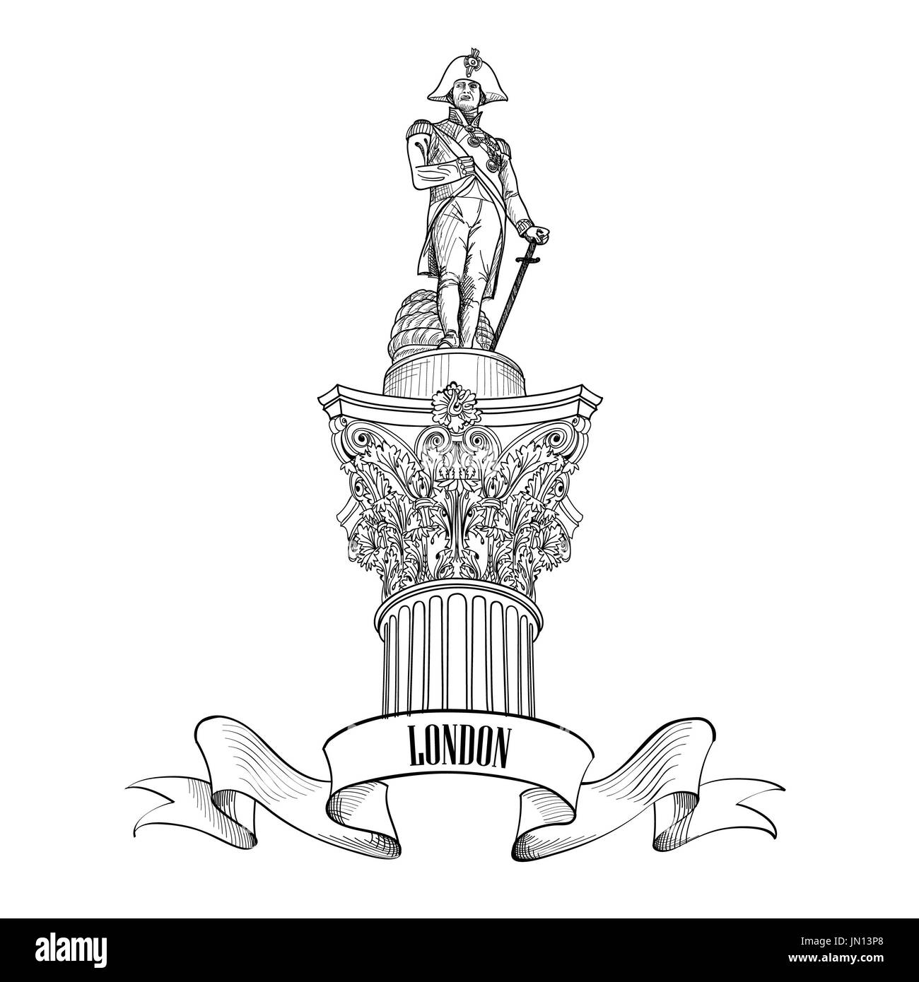 Admiral Nelson Statue auf dem Trafalgar Square, London, England, UK. Nelson colounm. Reisen London label isoliert. Stockfoto