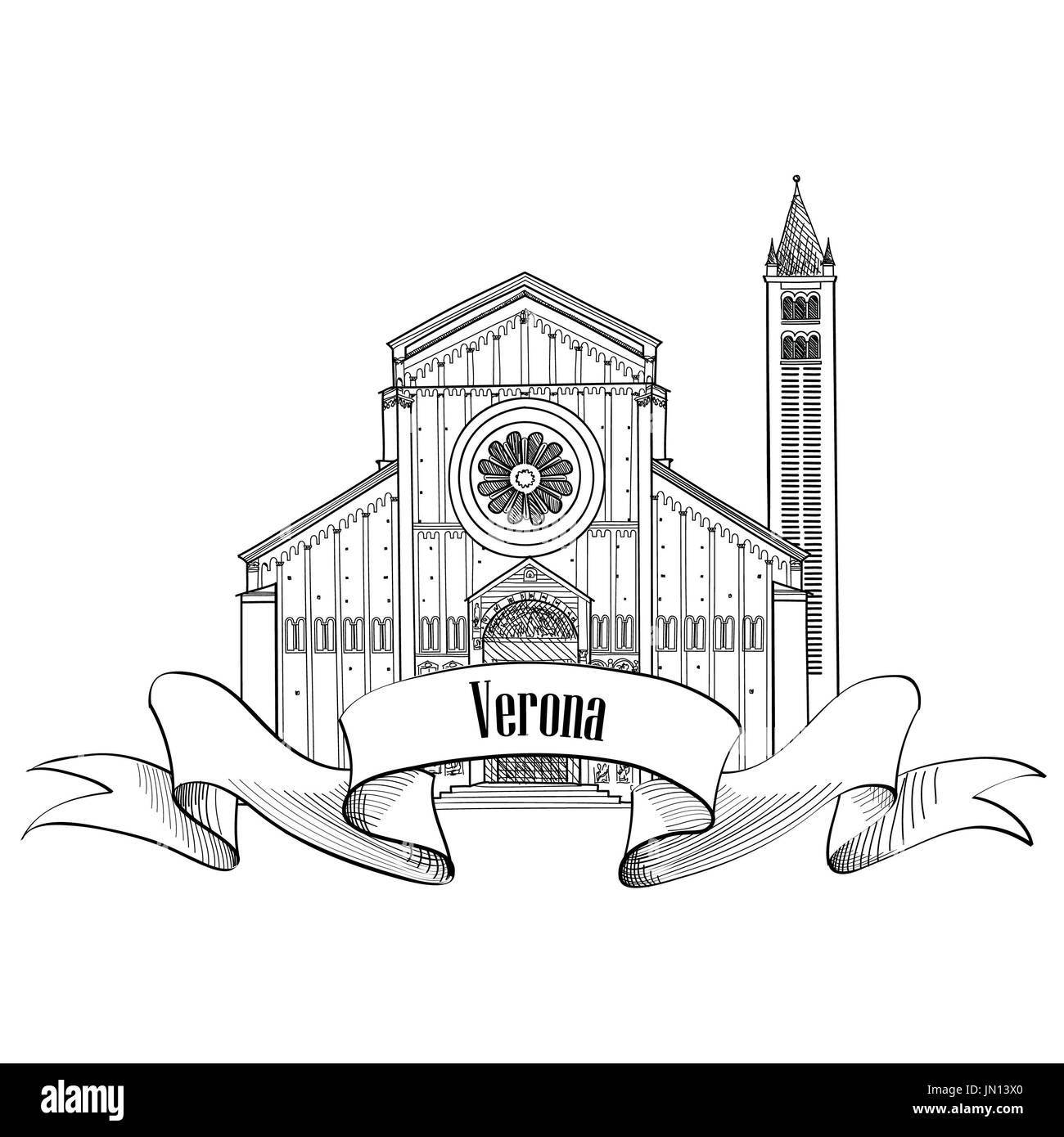 Verona-Stadt-Label. Reisen Sie Italien-Symbol. Berühmte italienische Gebäude Kirche von San Zeno skizzieren. Sightseeing-Symbol. Stockfoto