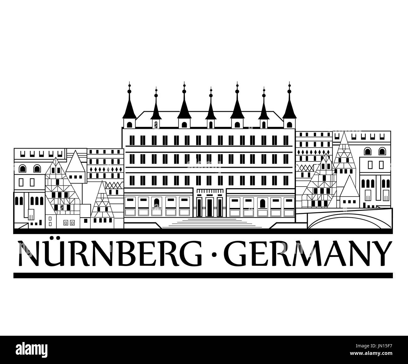 Blick auf die Stadt Nürnberg. Reisen Deutschland Label. Stockfoto