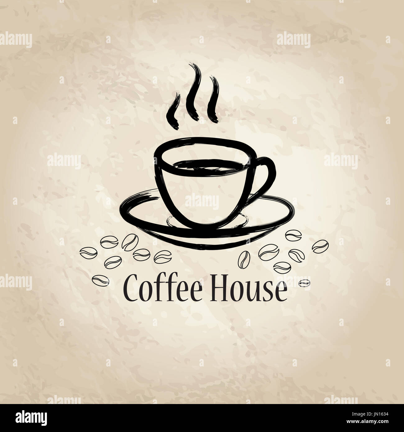 Kaffeehaus-Hintergrund. Cafe Vintage Poster oder Banner. Kaffee-Tasse mit Kaffeebohnen. Stockfoto