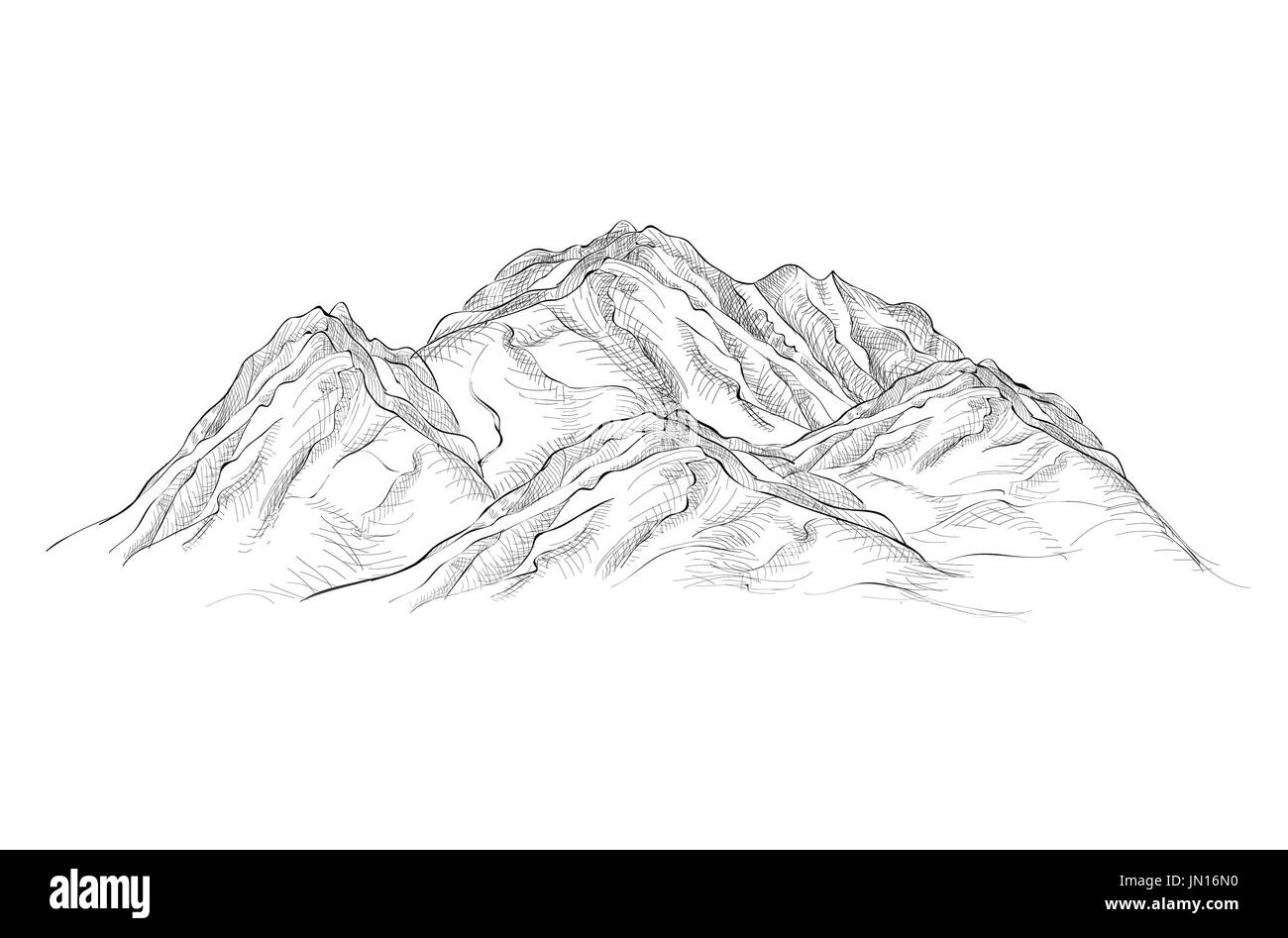 Berge skizzieren isolierte Zeichen. Stich Landschaft Skizze. Stockfoto