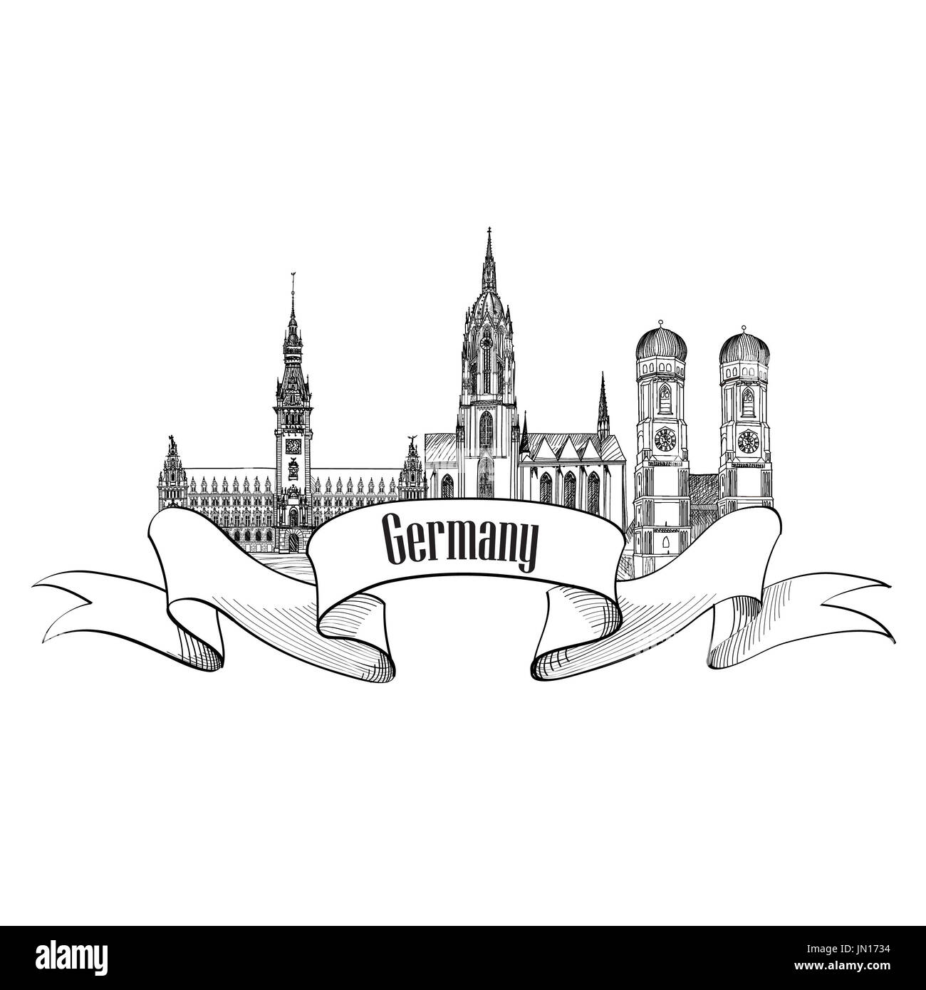 Deutschland-Label. Symbol der deutschen Stadt reisen. Berühmte deutsche architektonischen Wahrzeichen. Stockfoto