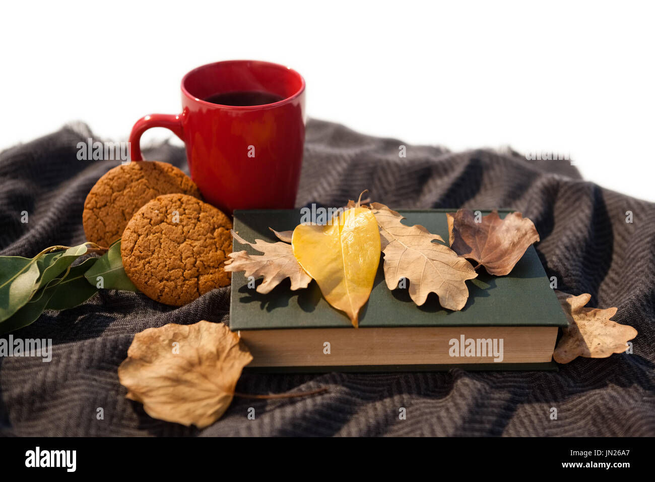 Schwarzer Kaffee, Kekse, Tagebuch und Herbstlaub auf Wolldecke vor weißem Hintergrund Stockfoto