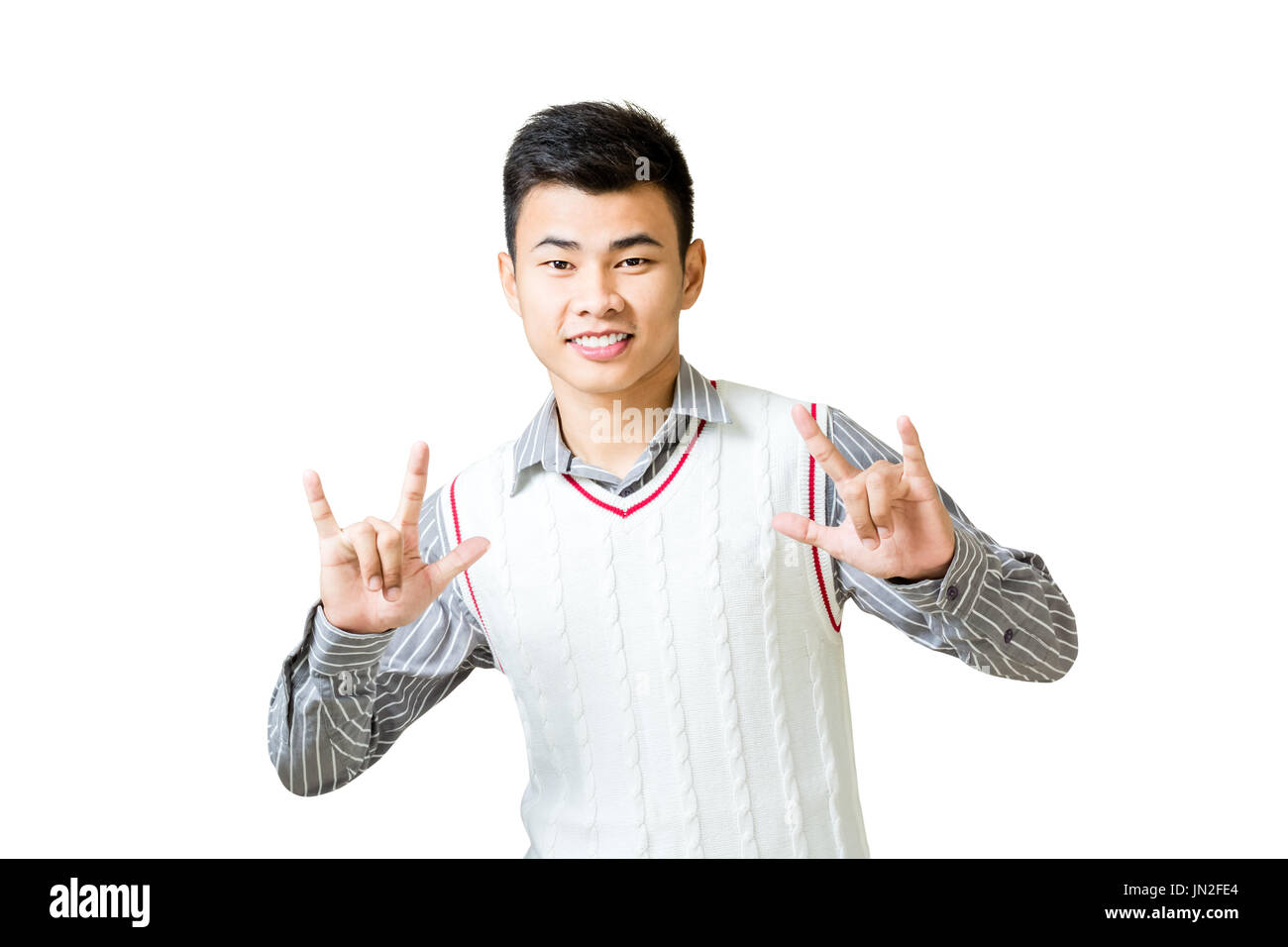 Porträt eines jungen asiatischen Geschäftsmann zeigen, ich liebe dich Handzeichen. Isoliert auf weißem Hintergrund mit textfreiraum und Clipping-Pfad Stockfoto