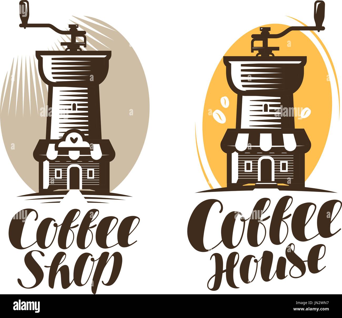 Cafeteria, Kaffeehaus, Café Logo oder Label. Heißes Getränk, Espresso, Schleifer-Symbol. Handgeschriebene Schrift, Kalligraphie-Vektor-illustration Stock Vektor