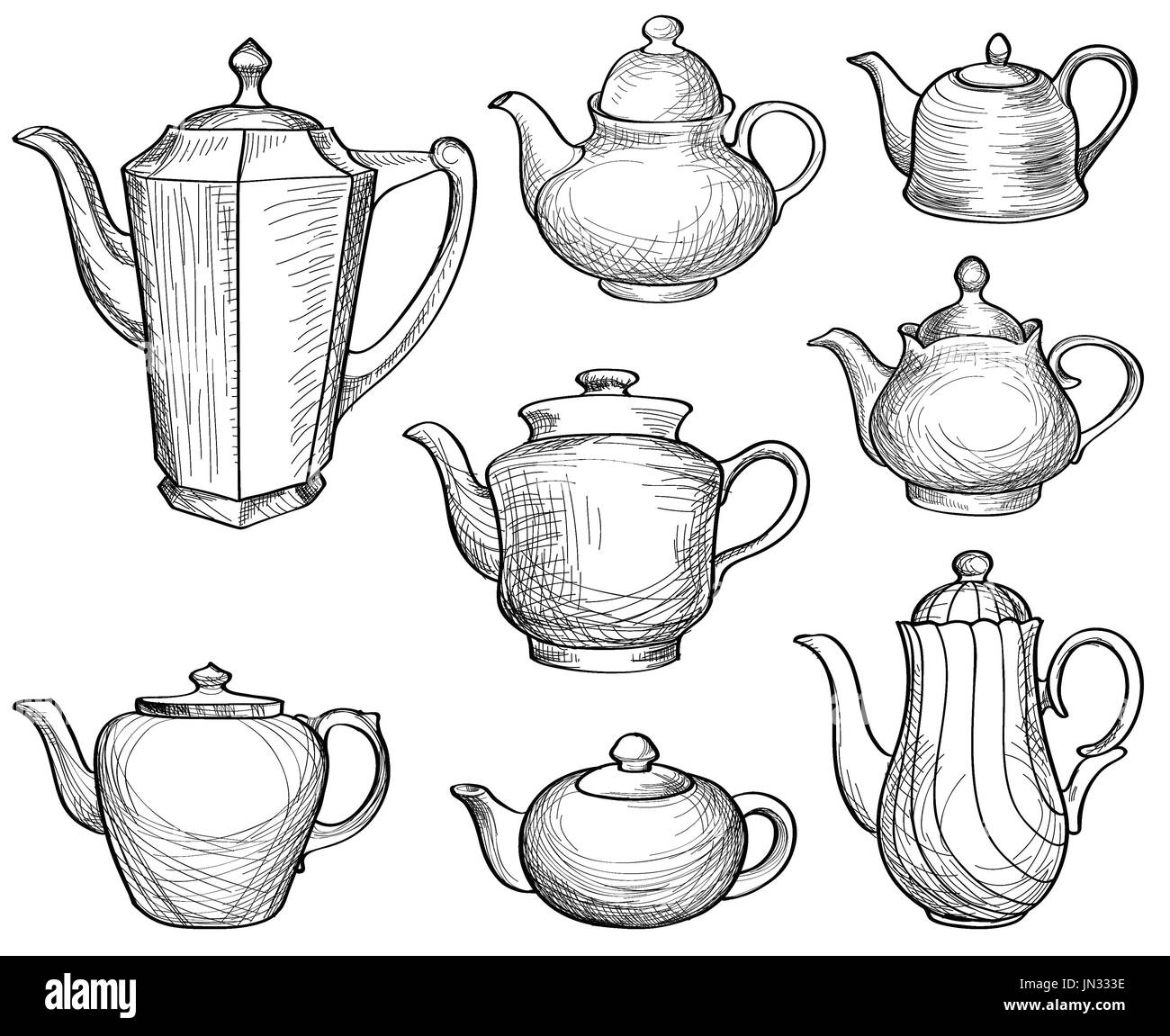 Kessel legen. Teekannen Kollektion Silhouette. Kaffeekanne isoliert. Logo-ausländische Elemente. Stockfoto