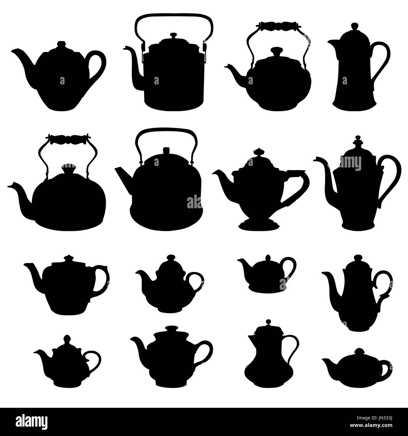 Kessel legen. Teekannen Kollektion Silhouette. Kaffeekanne isoliert. Logo-ausländische Elemente. Stockfoto