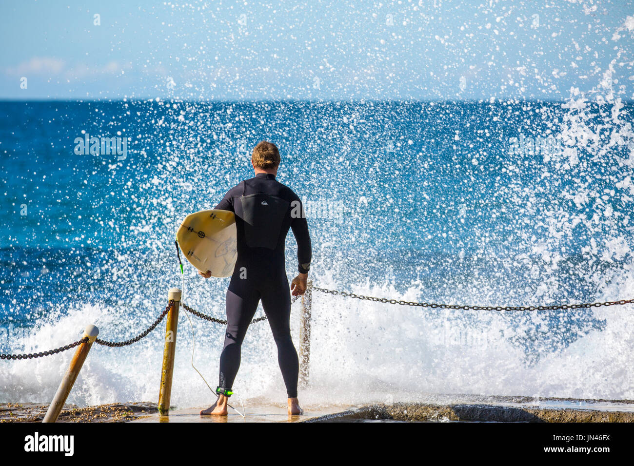 Australische Männchen tragen Surfbrett wartet darauf, geben die Brandung in Sydney, Australien Stockfoto
