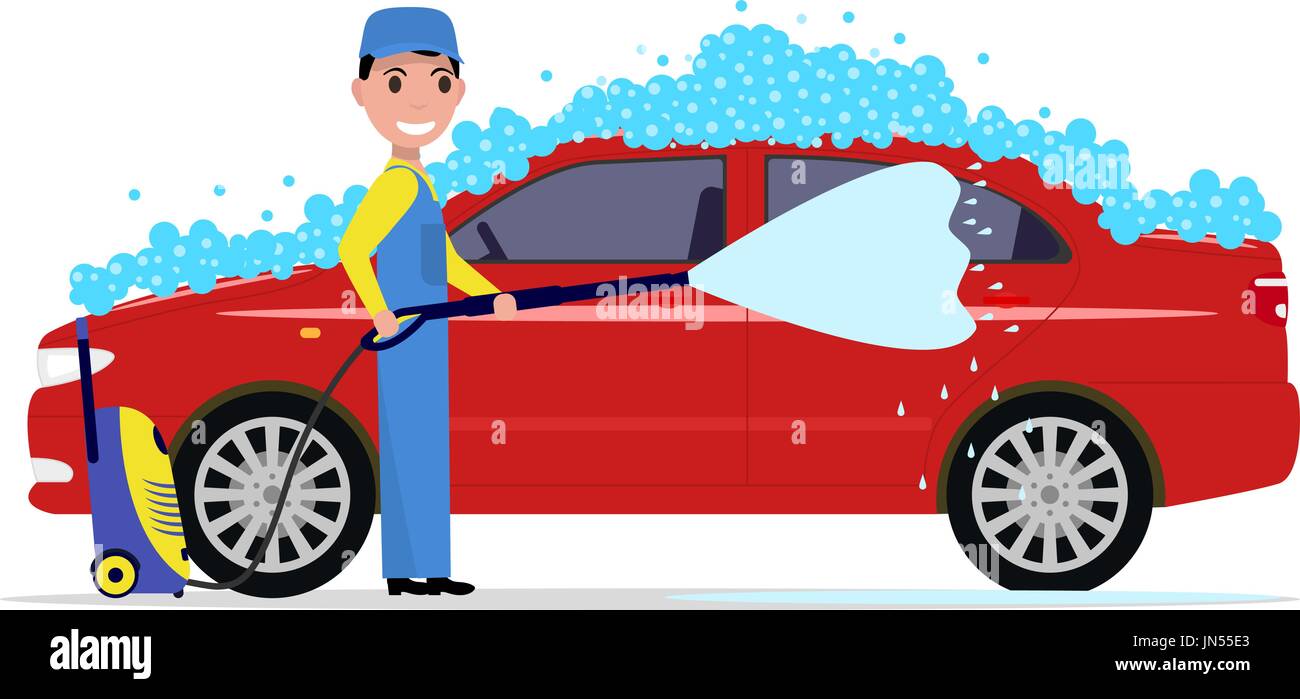 Vektor-Illustration von einem Cartoon Mann wäscht ein Auto Stock Vektor