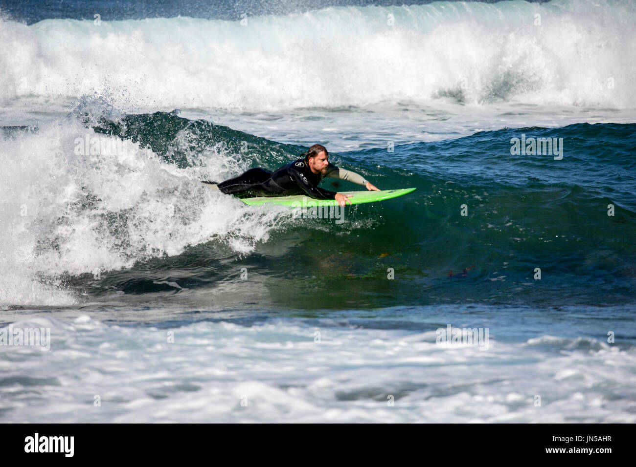 Australischer Mann im Neoprenanzug Body boarding Surfen auf einer Welle an einem Strand Sydney, New-South.Wales, Australien Stockfoto