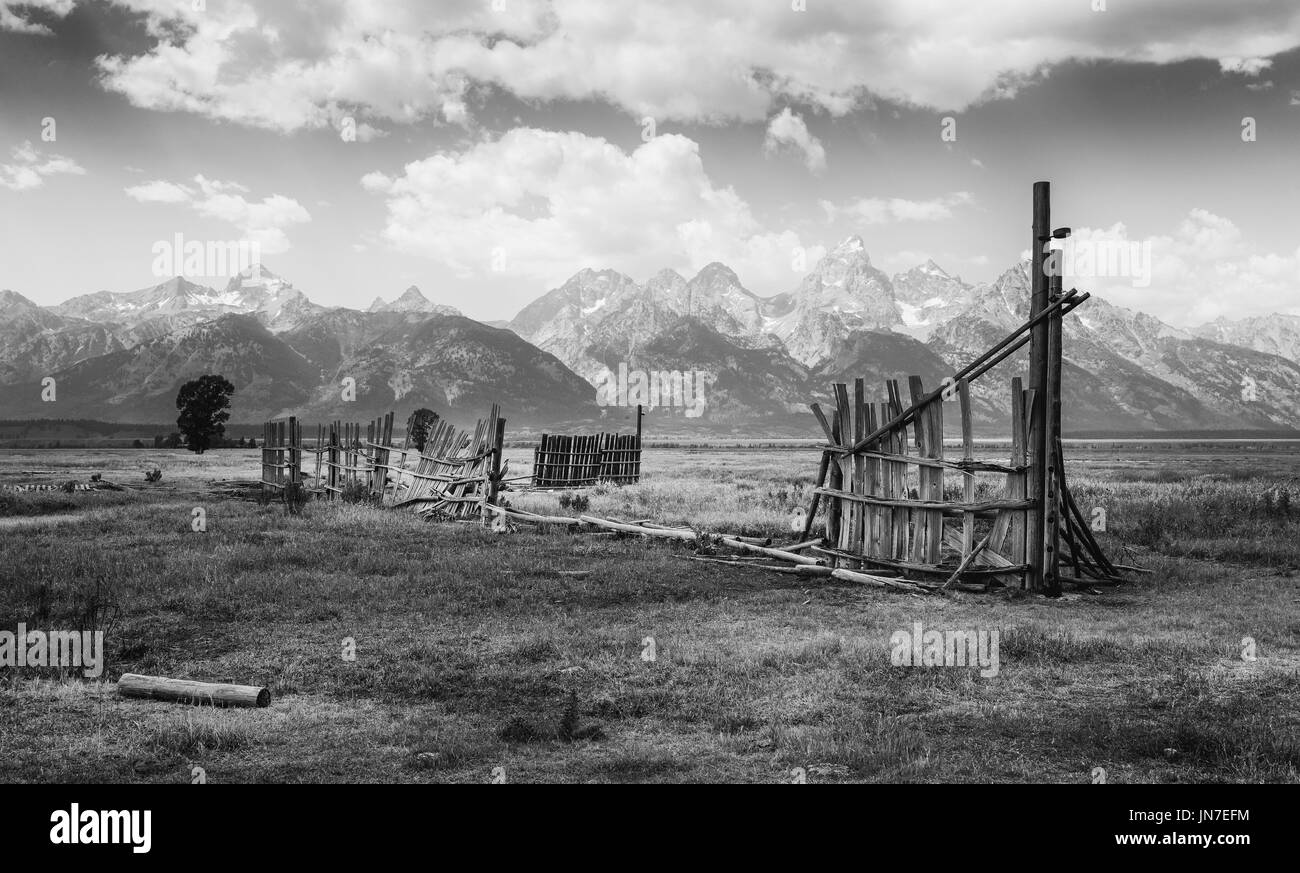 Bleibt der frühen Mormone Homestead und faulen Zaun gesetzt gegen die Grand Teton Berge und mitten in der Prärie im Sommer, Montana, USA. Stockfoto