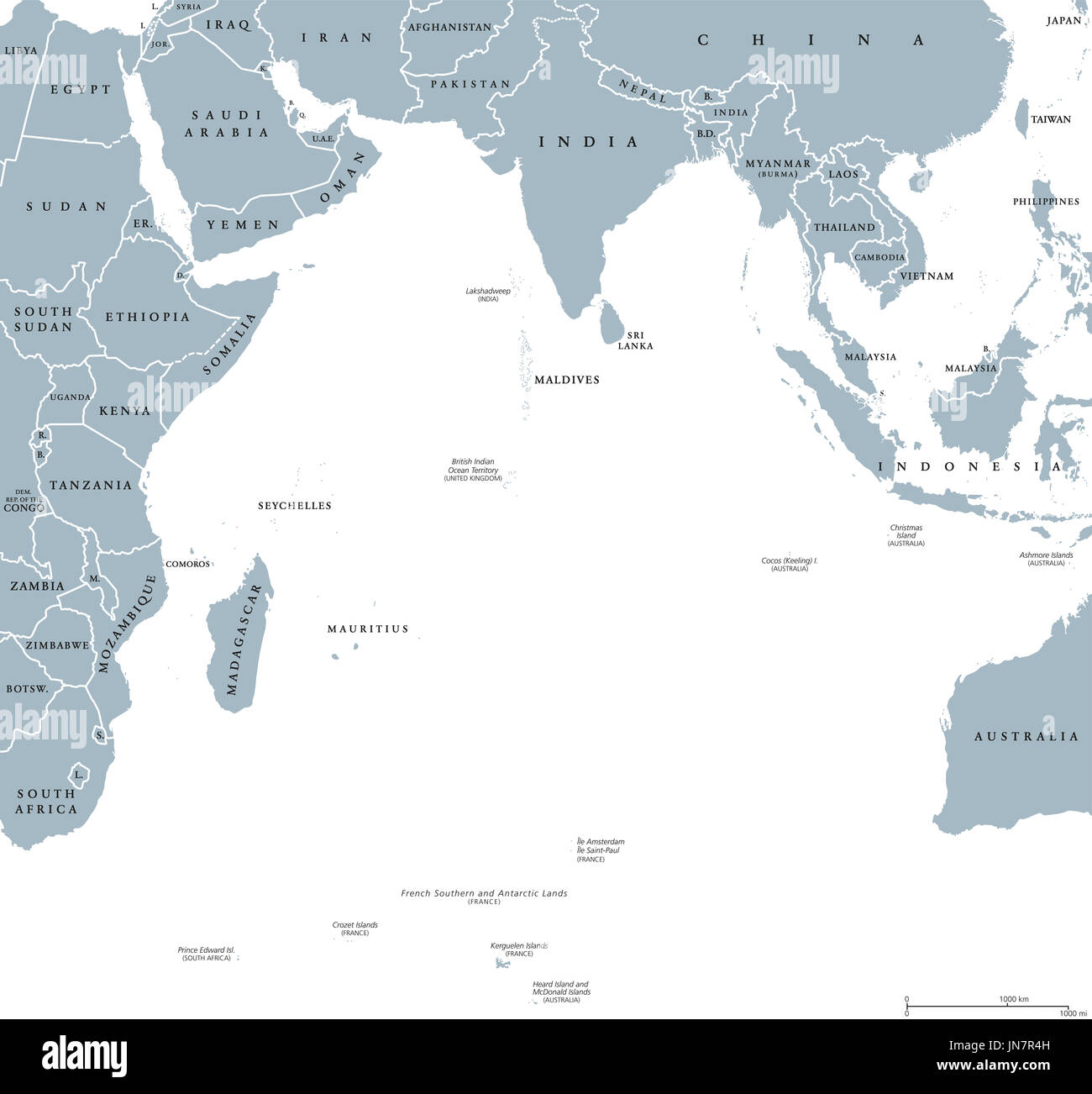 Indischen Ozean politische Karte mit den Ländern und Grenzen. Englisch beschriften. Begrenzt durch Asien, Afrika, Australien und Antarktis. Abbildung. Stockfoto