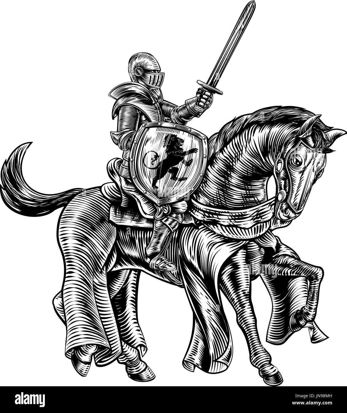 Mittelalterliche Ritter auf Pferd Vintage Holzschnitt Gravur Stock Vektor
