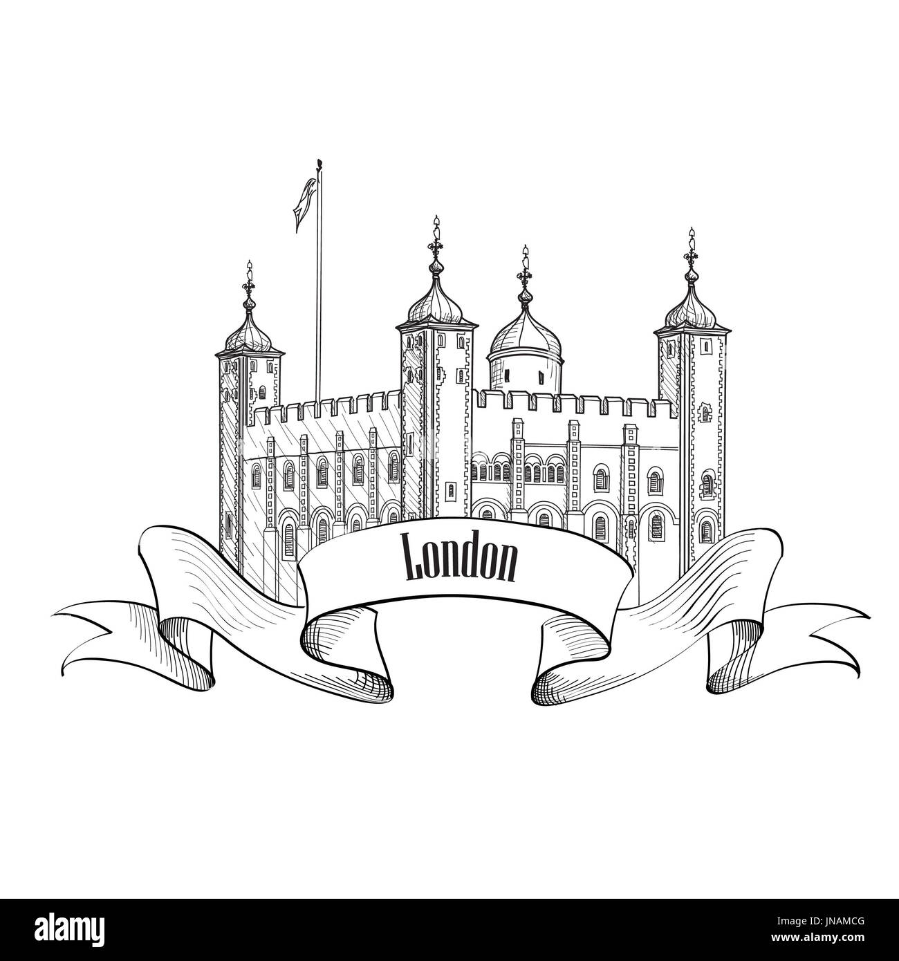 Berühmte Gebäude Tower von London, London, England, UK. London Vintage Skizze Symbolbeschriftung isoliert. Stockfoto