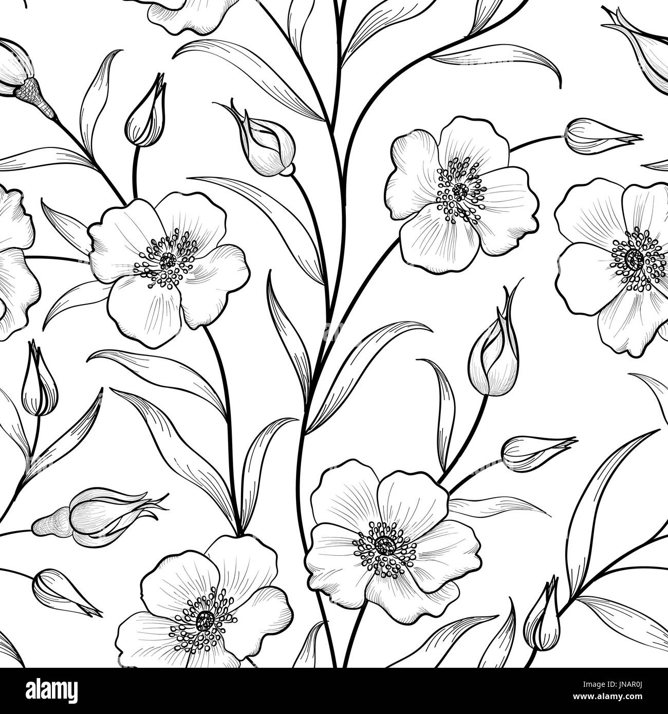Nahtlose Blumenmuster. Blumen Hintergrund. Floral Silhouette Fliesen Frühjahr Textur mit Blumen Zier gedeihen Garten Abdeckung für Kartendesign Stockfoto