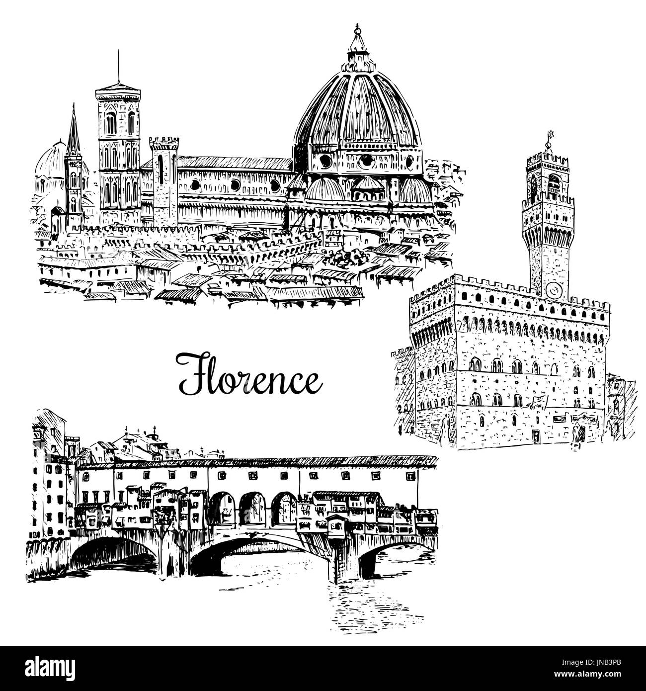 Satz von Florenz Ponte Vecchio Brücke in Italien. Vektor Hand gezeichnete Skizze Stock Vektor