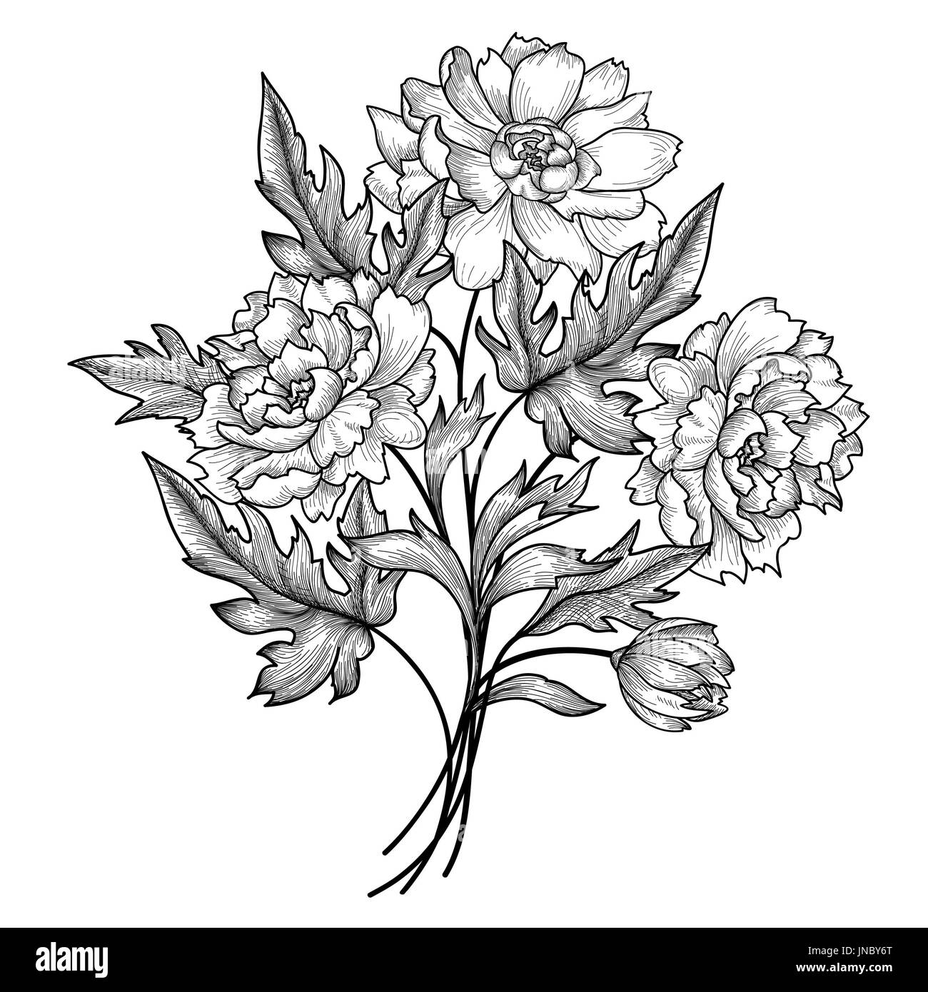 Blumenrahmen mit Sommerblumen. Blumenstrauß mit Rose. Vintage Grußkarte mit Blumen gedeihen Grenze. Floraler Hintergrund. Stockfoto